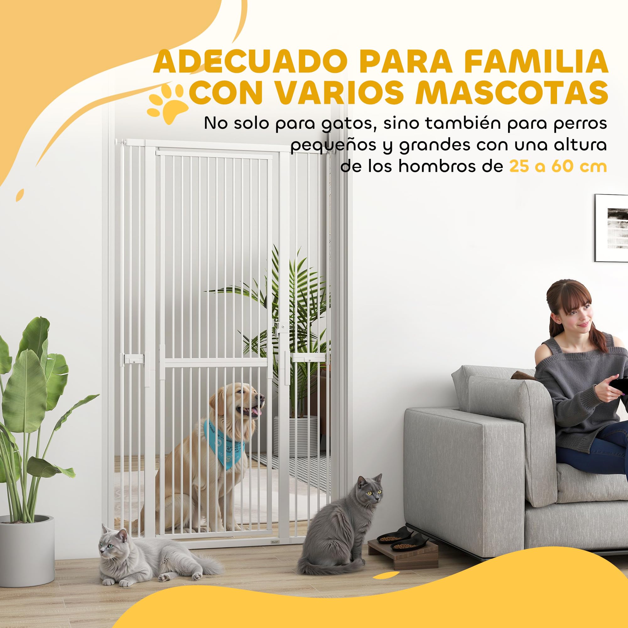 PawHut Barrera de Seguridad para Perros y Gatos Extra Alta 180 cm, Barrera para Perros Extensible 77-104 cm, Separación 3,5 cm, para Puertas y Escaleras, con Montaje a Presión, 2 Extensiones, Blanco