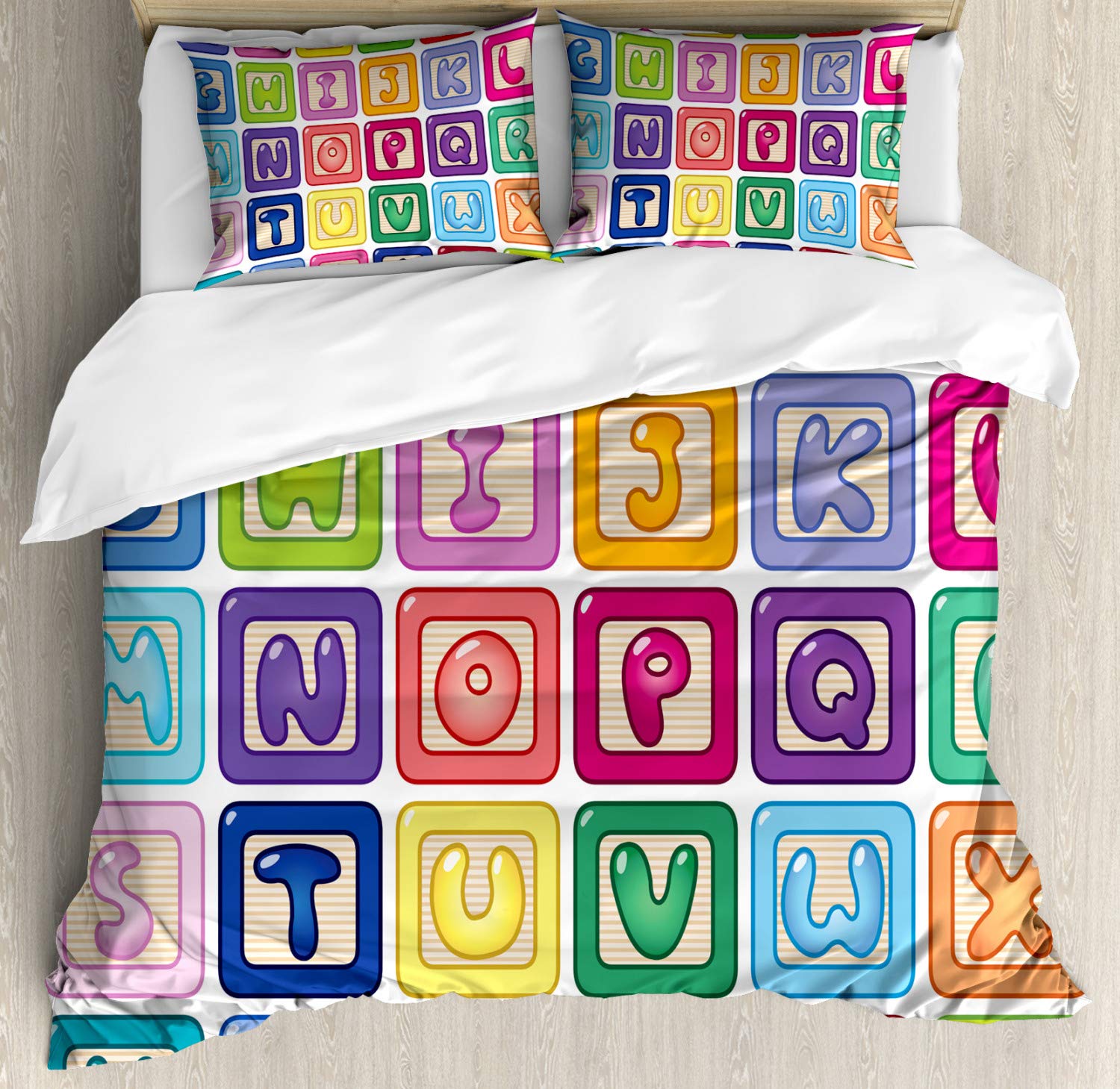 Ambesonne Cartoon Activity Duvet Cover Set, Colorful English Alphabet Blocks Balloon Letter Design, Decorative 3 Piece Bedding Set with 2 Pillow Shams, Queen Size, Pink Cream
