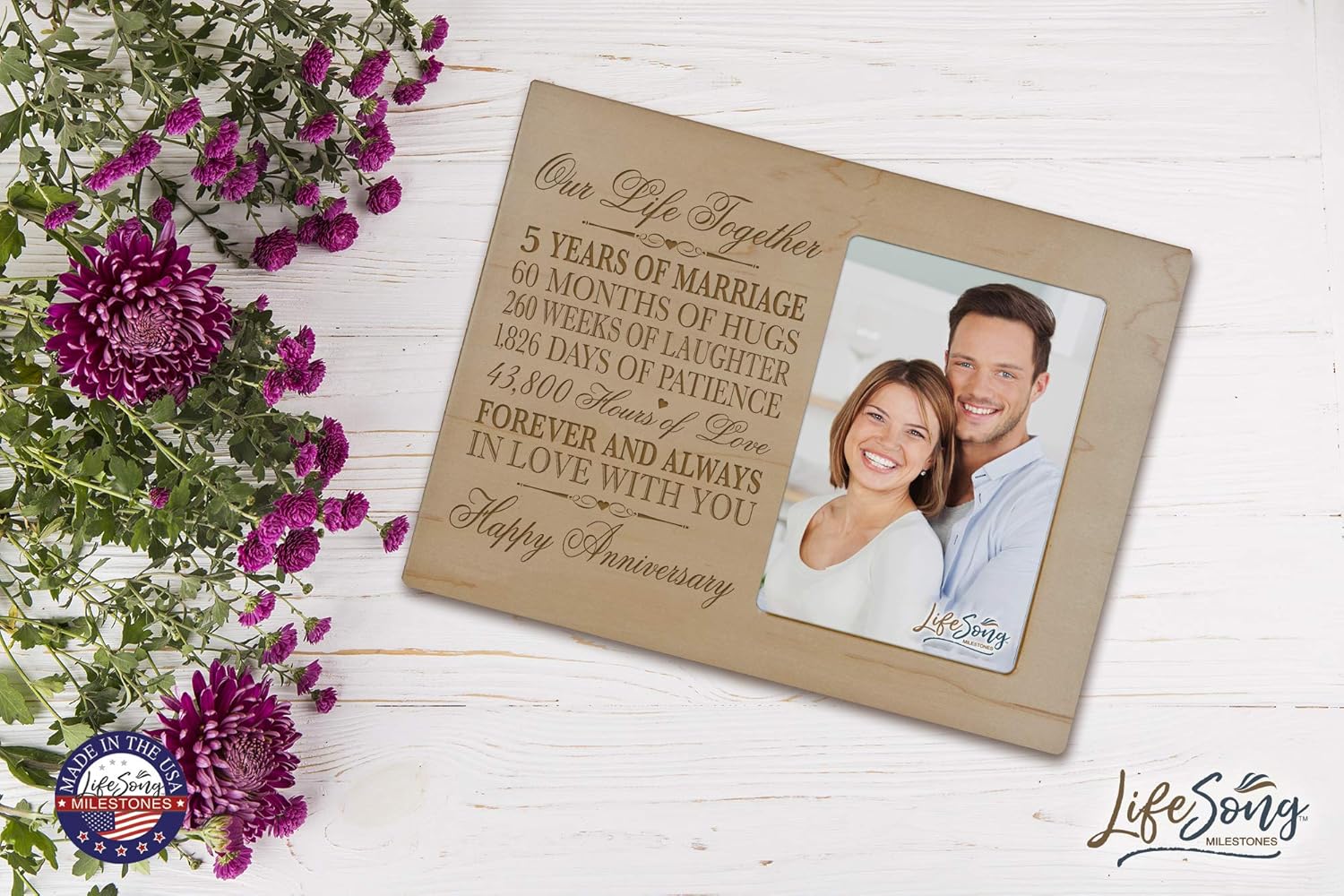 LifeSong Milestones Five Year her him Couple Custom Engraved 5th Year Wedding Celebration for Husband Wife Girlfriend Boyfriend Frame Holds 4x6 Photo (Maple)