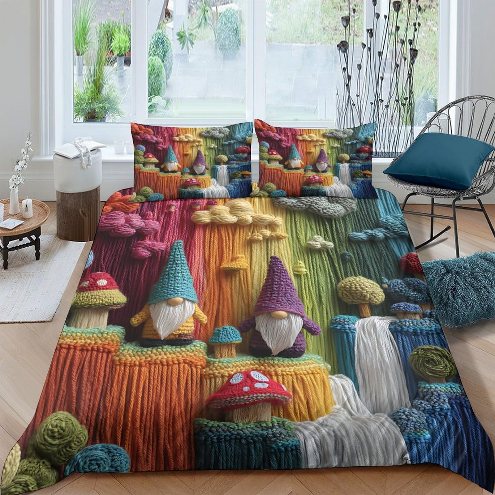 GPLZQXKJNH 3D Printed Rainbow Gnomes Duvet Cover Microfiber Soft Breathable Mushroom Forest Bedding Set with 2 Pillowcases for Bedroom Decor Single（135x200cm）