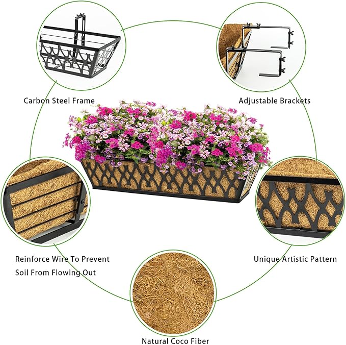 The 4 Pack 24 Inch Window Boxes Planters are designed for outdoor use, specifically for railing, windowsill, porch, fence, and patio decoration. These planters come in a set of 4 and measure 24 inches in length, making them suitable for a variety of plants and flowers. They are made of durable materials and are designed to withstand outdoor elements, ensuring longevity and durability.