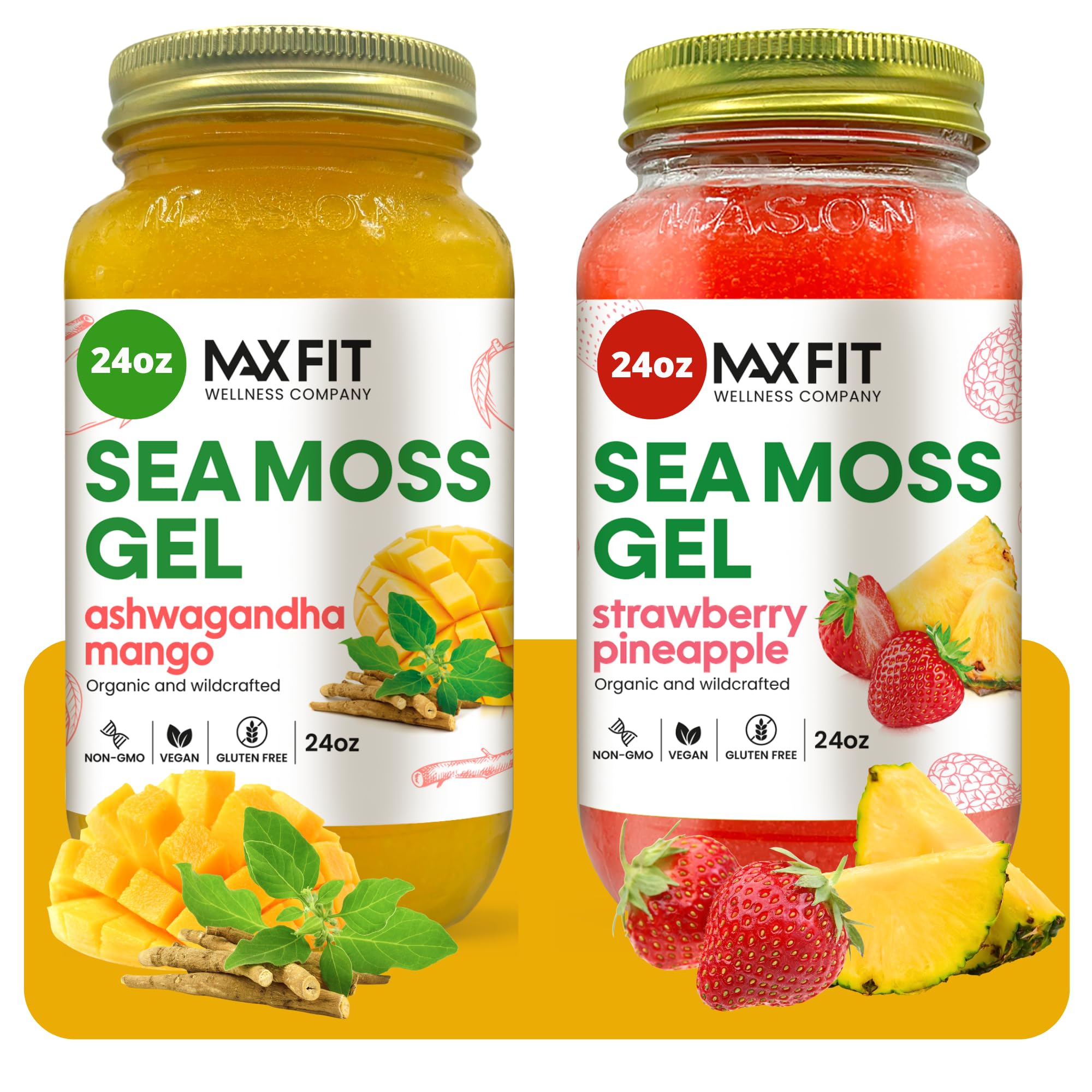 Sea Moss Gel Organic Raw (Bundle of 2 Jars 24oz) Ashwagandha Mango and Strawberry Pineapple Wildсrafted Gold Sea Moss Gel | 92 Vitamins and Minerals | Pure Raw+Non-GMO | Vegan Superfood