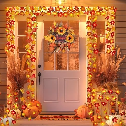 Runleo 4 Pack Fall Decorations Maple Leaf Lights Garland, Total 40Ft 80LED Lights Battery Operated Fall Leaves Garland with Light Autumn Harvest String Light Home Indoor Outdoor Thanksgiving Decor
