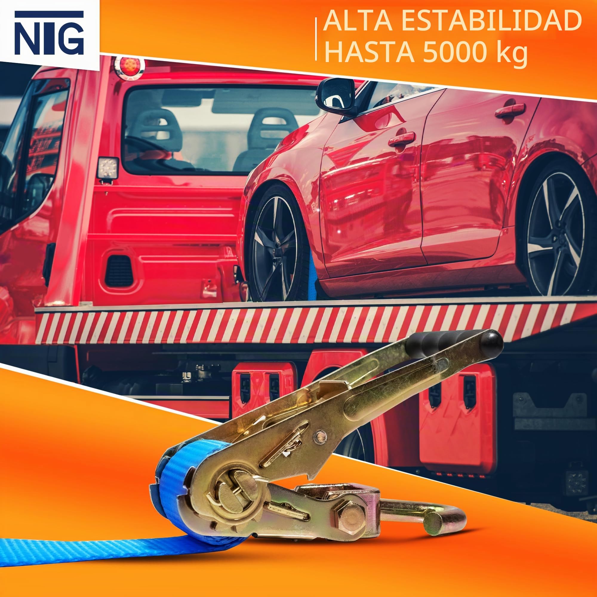 NTG Juego de 4 correas tensoras para transporte de coche, 2500 mm de largo, hasta 5000 kg, con manguera de agarre y ganchos giratorios, protección para ruedas, correa, coche, correas para neumáticos