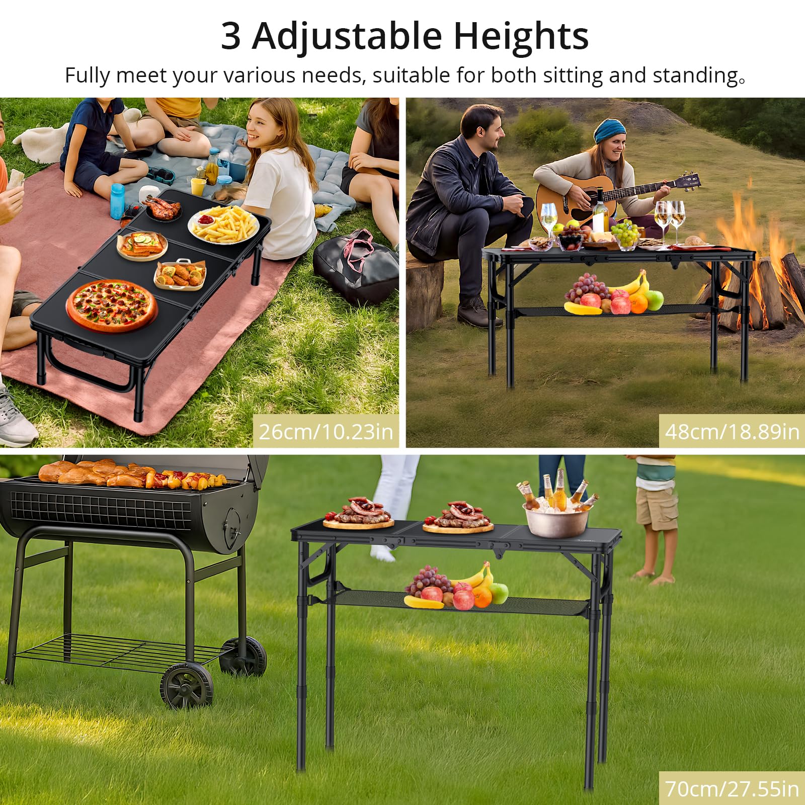 Anbte Tavolo Pieghevole da Campeggio,88 * 40 * 69 Portatile Caffè Tavoli in Alluminio per Giardino,3 Regolabile In Altezza per Picnic/Barbecue/Spiaggia/Cucina/Balcone-Nero