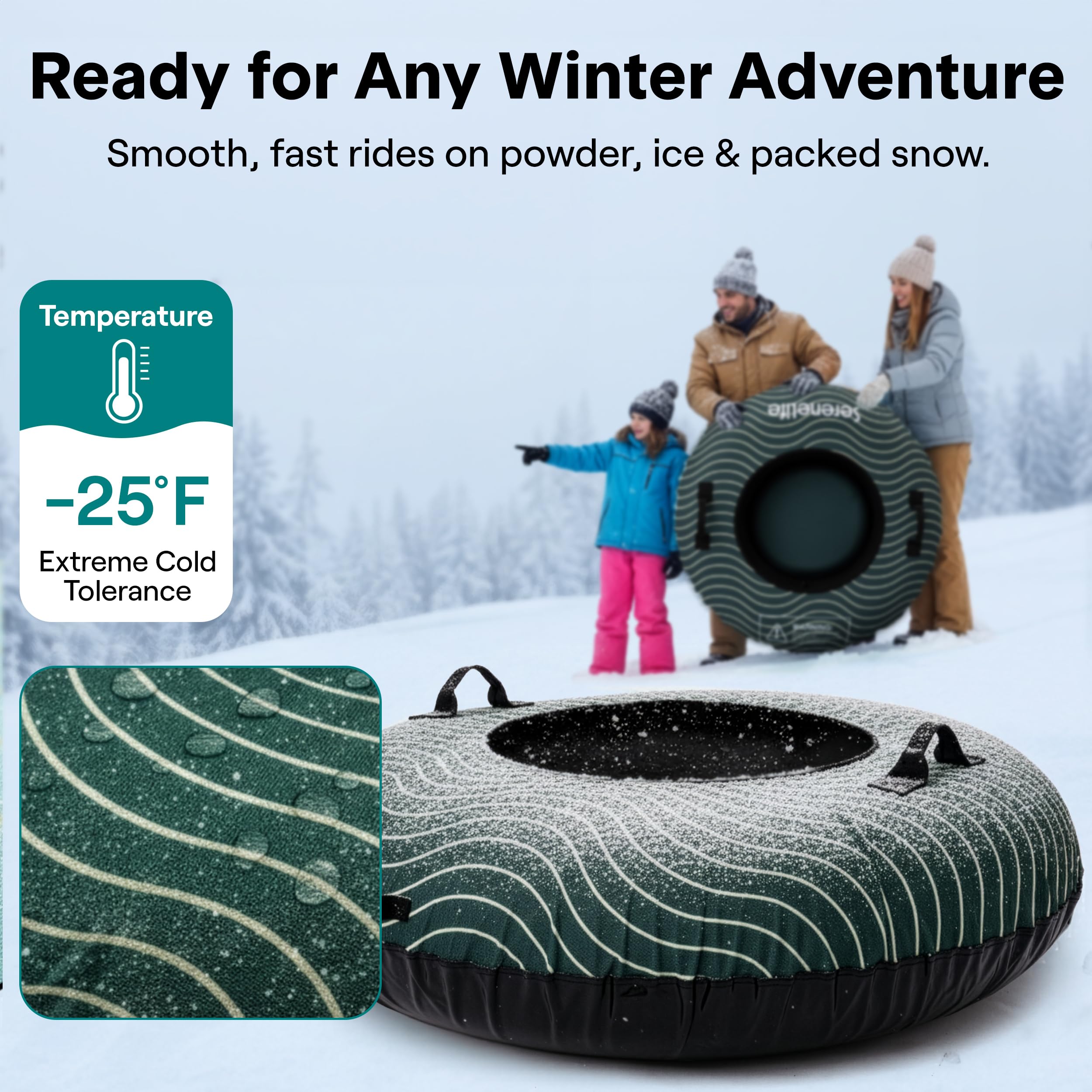 SereneLife Slitta da Neve, Slittino da Neve 112 cm, per Tutte le Età, in Discesa per Sport Invernali, Tubo in Gomma, Rivestimento Oxford, Fondo PVC Rinforzato e Cinghia di Traino
