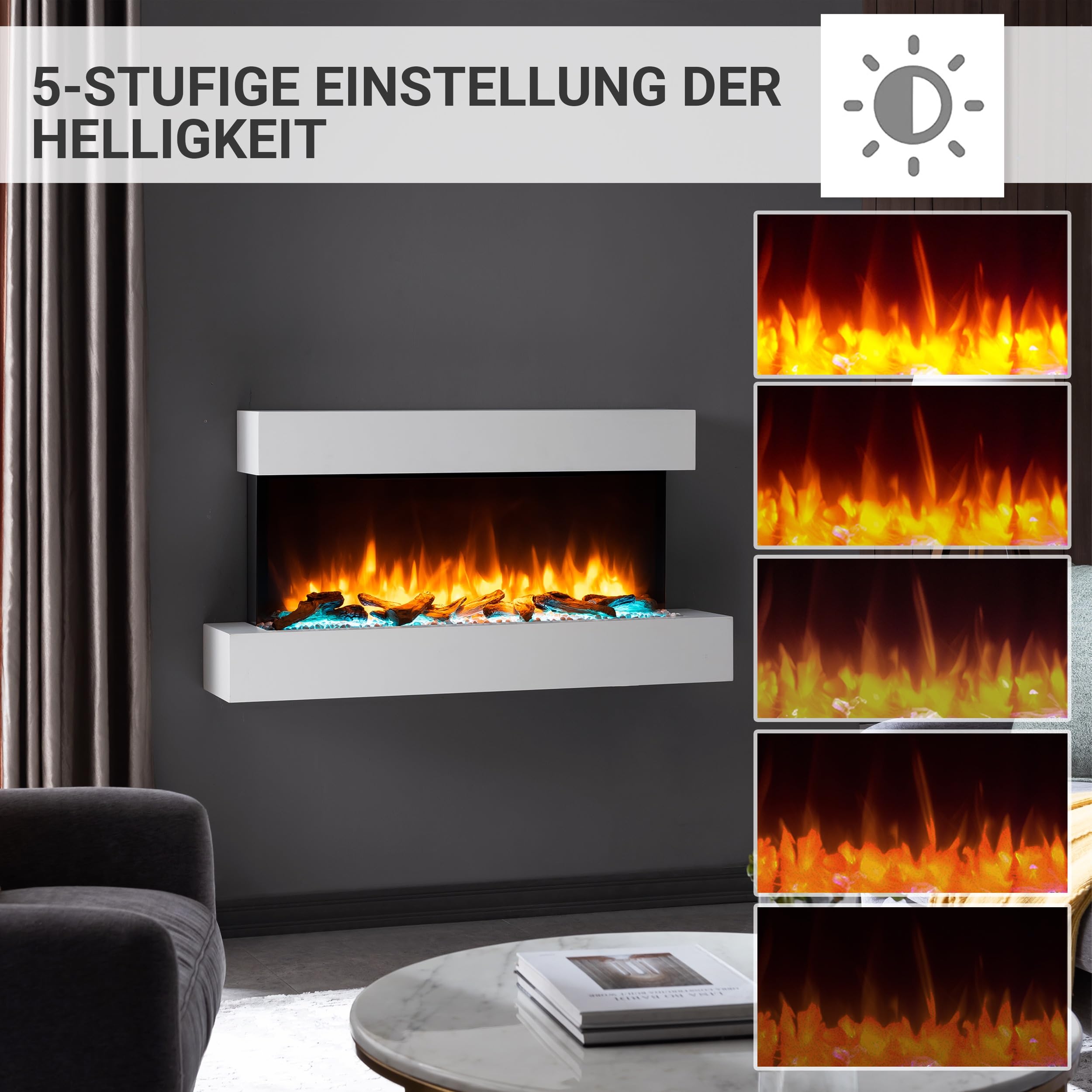 BALDERIA Ignis - Elektrischer Wandkamin mit Heizung und LED Flammeneffekt, Weiss