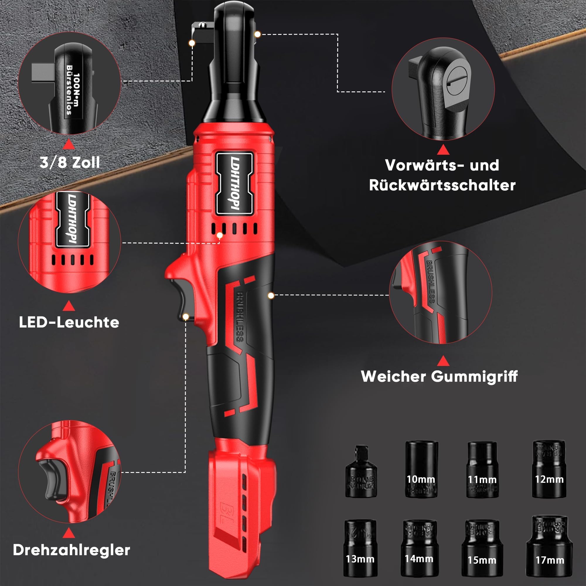 LDHTHOPI 3/8" Akku Ratsche 18V für Makita,MAX 100 Nm(75FT-LBS) Elektrische Ratsche mit LED-Licht,Rechts-/Linkslauf Ratschenschlüssel mit 1/2"-Adapter,7 Einsätzen(ohne Akku)