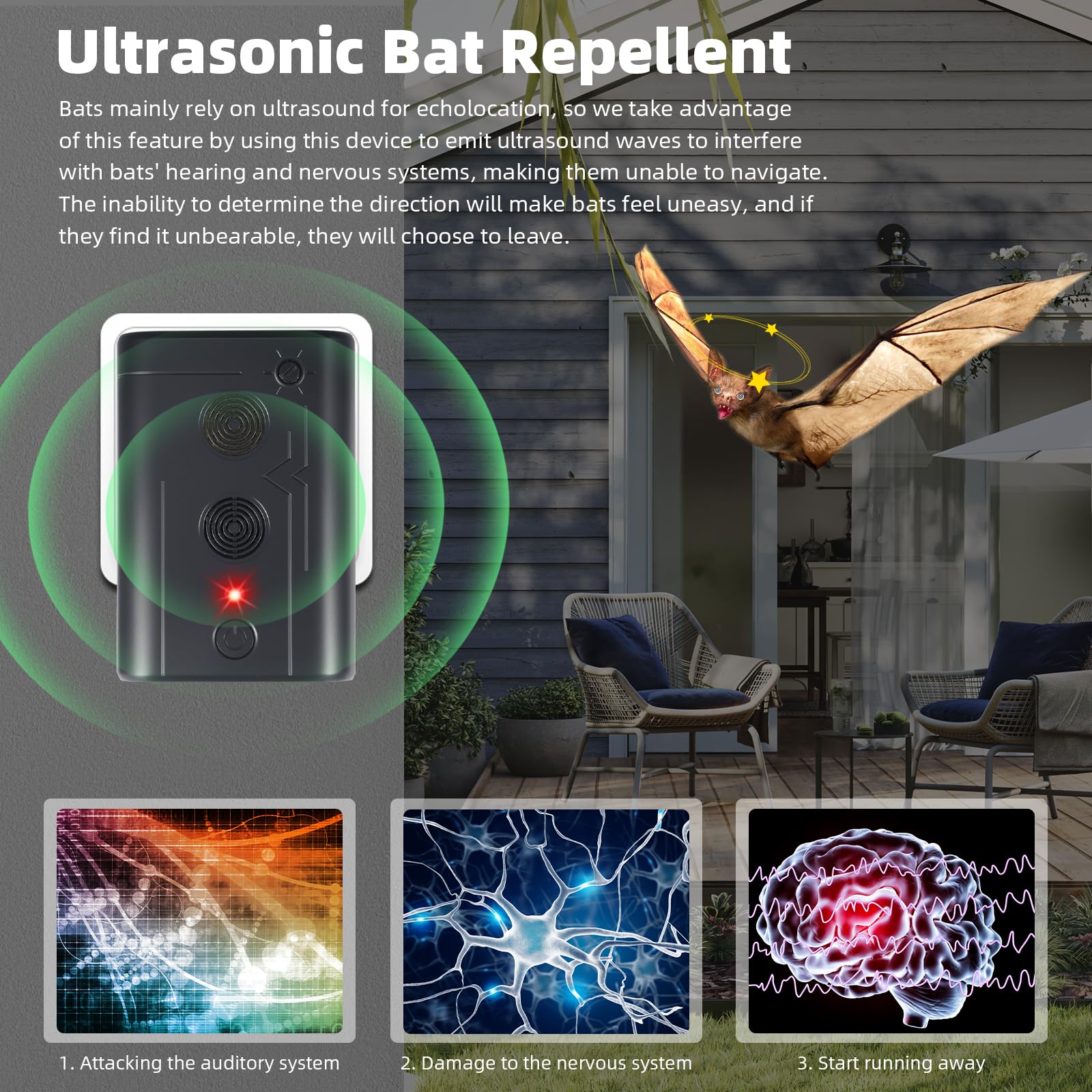 Lot de 2 répulsifs à ultrasons pour chauve-souris pour grenier, appareils dissuasifs à ultrasons pour une utilisation en intérieur, respectueux des humains et des animaux domestiques