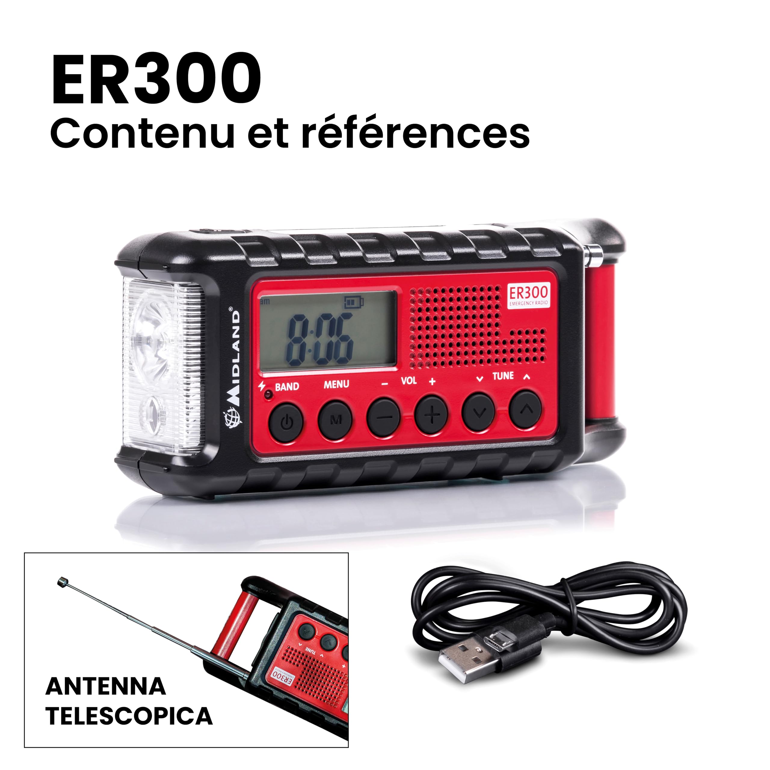 Midland - Power Bank Secours ER300 Multifonctionnel Camping et Outdoor, Lampe Torche LED Dynamo, Récepteur AM/FM avec Panneau Solaire, Fonction SOS et Rappel Ultrasons Chiens, Piles Rechargeables