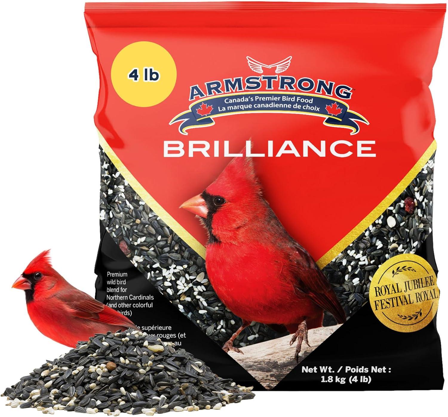 Armstrong Wild Bird Food Royal Jubilee Brilliance Blend, 3 Pound Jug - with Black Oil Sunflower, Safflower, Peanuts, Dried Raisins & Cherries for Northern Cardinals - Easy to Carry, Pour & Store