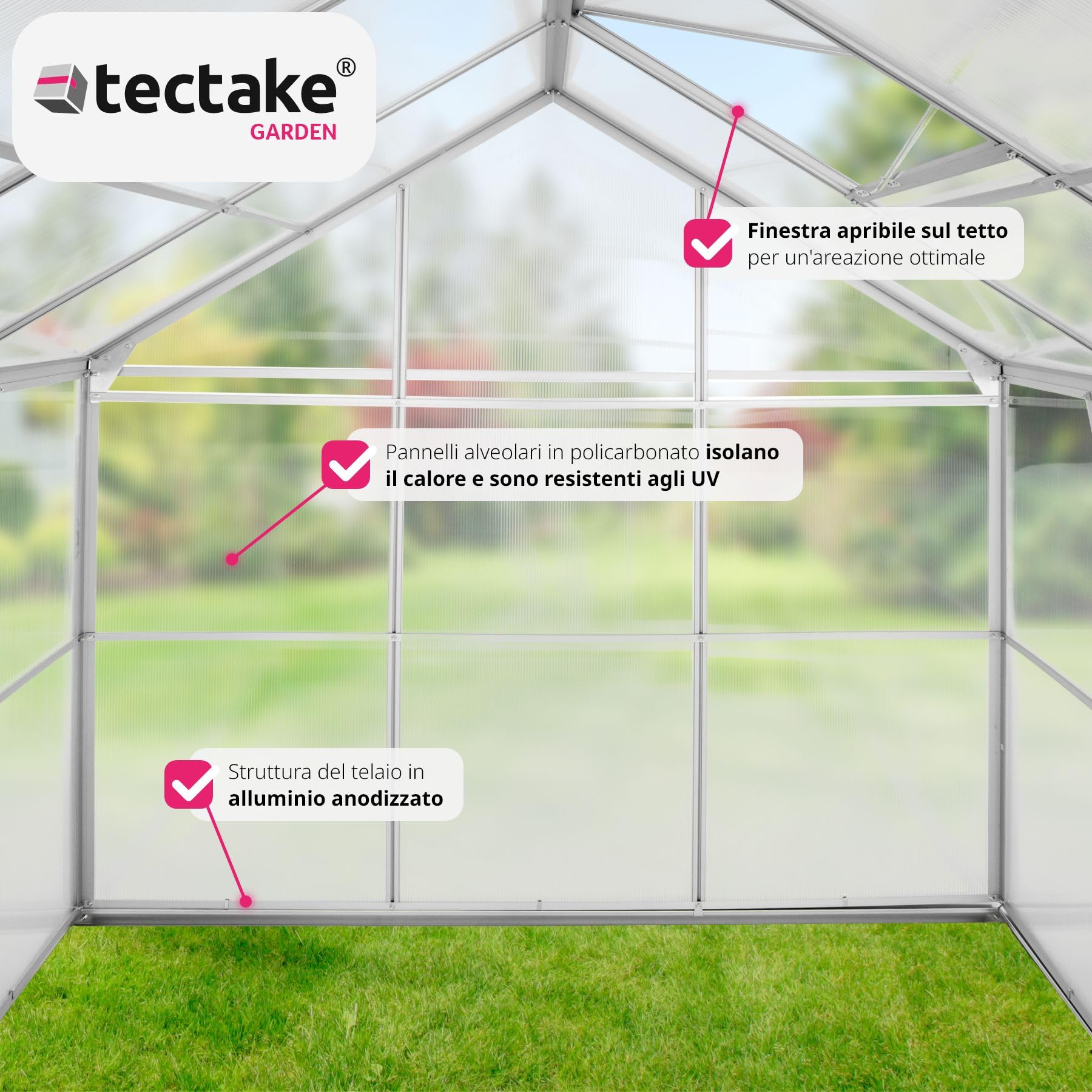 tectake® Serra da Giardino con Telaio in Alluminio Anodizzato, Serra per Orto con Lastre Alveolari Termoisolanti, Serra con Porta Scorrevole, Finestra a Tetto per Ventilazione - 190x185x195 cm