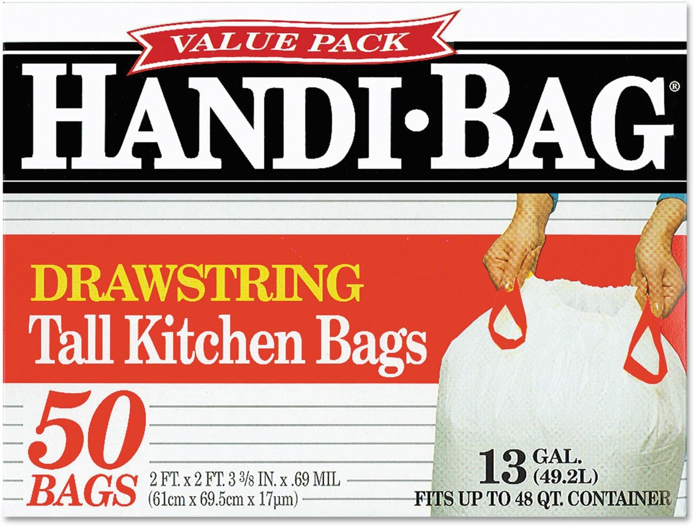 Handi-Bag HAB6DK50 Drawstring Kitchen Bags 13gal 0.6mil 24 x 27 3/8 White 50/Box
