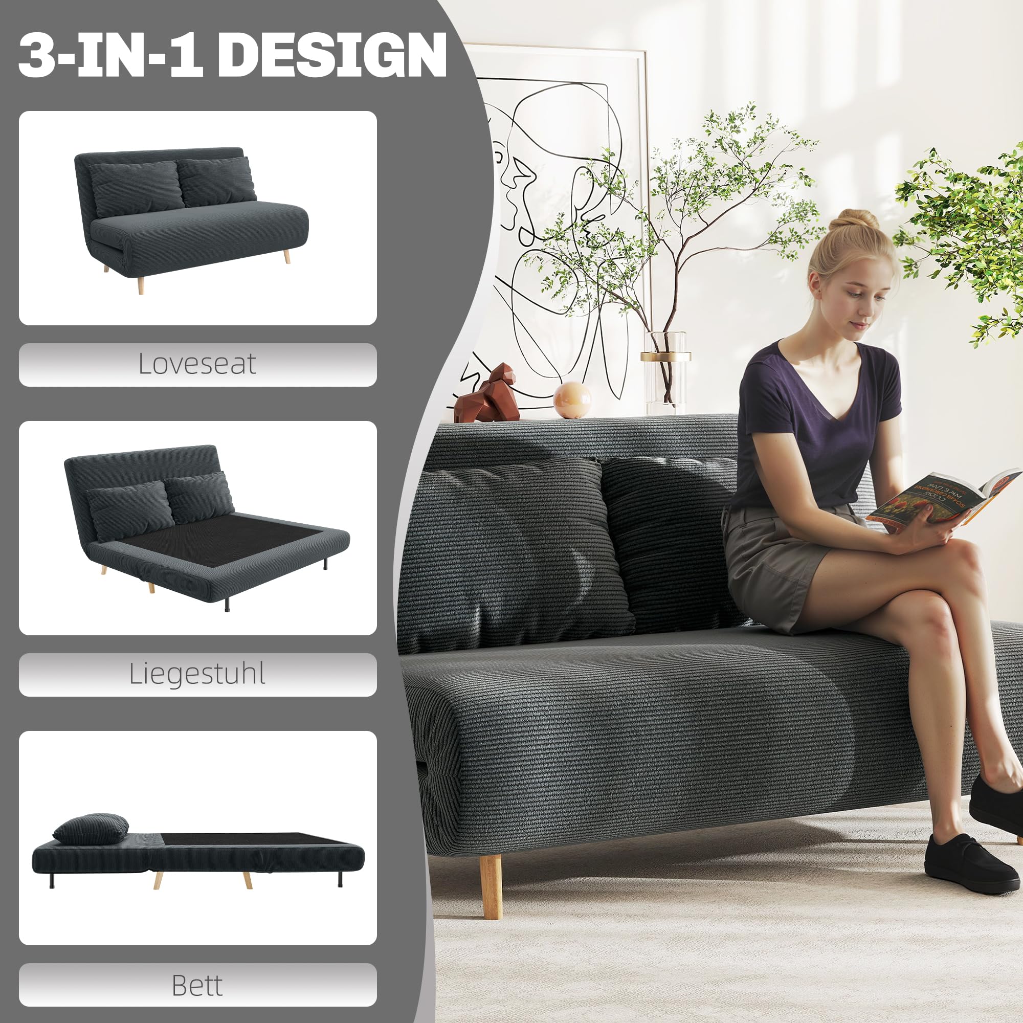 HOMCOM 3 in 1 Schlafsofa Klappbar 191 x 141 cm Schlaffunktion Dunkelgrau