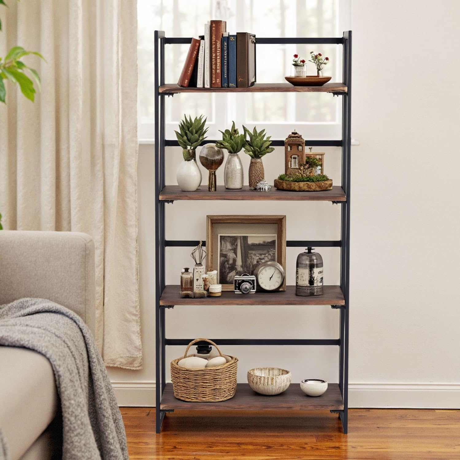 Homy Casa Foldable 4-Tier Ladder Shelf, Freestanding Industrial Bookshelf with Metal Frame & MDF Wood Shelves – Rustic Living Room Display Rack for Books, Décor & Plants