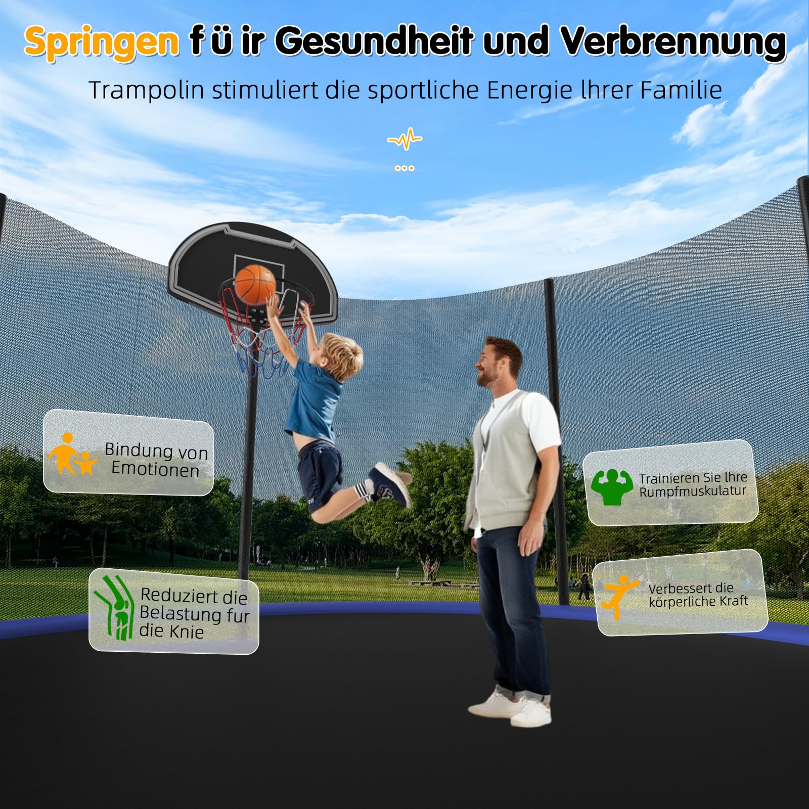 Trampolino per esterni, diametro 305/366 cm, per bambini e adulti, per il tempo libero, con cestino da basket, scala e rivestimento antiruggine, portata 200/272 kg
