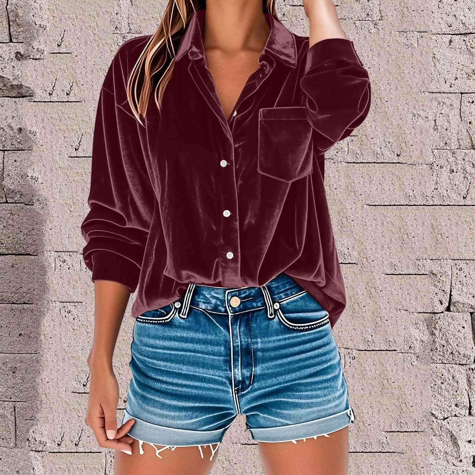 Elegant Vintage Velvet Tops for Women Long Sleeve V Neck Collared Button Down Shirts Retro Velour Blouses with Pocket Wine