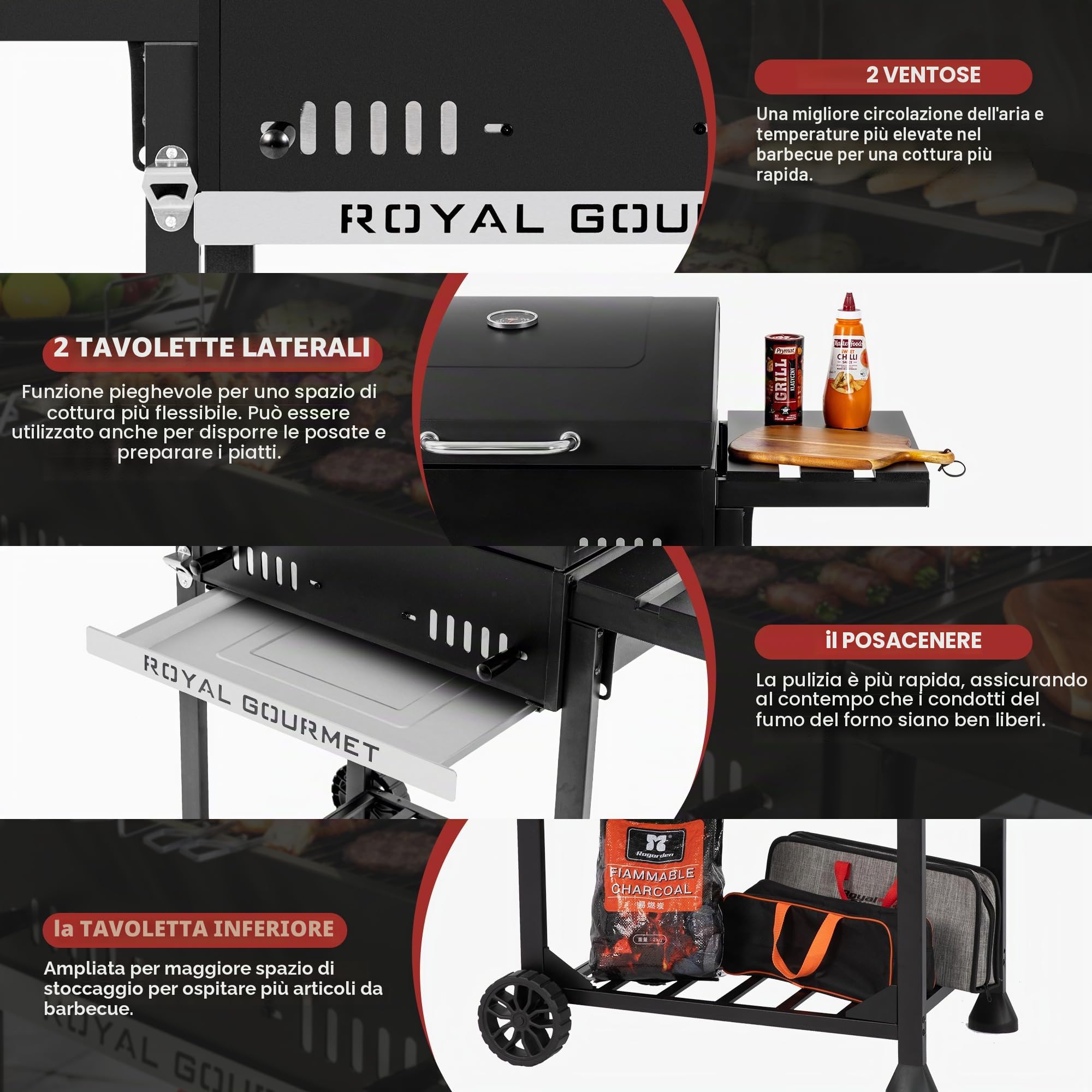 Royal Gourmet Barbecue a Carbone da Legno, griglia a Carbone su Carrello con Ripiani Pieghevoli, Coperchio, termometro, Superficie Cottura 56,5 x 42,2 cm, per Giardino, Campeggio, Nero