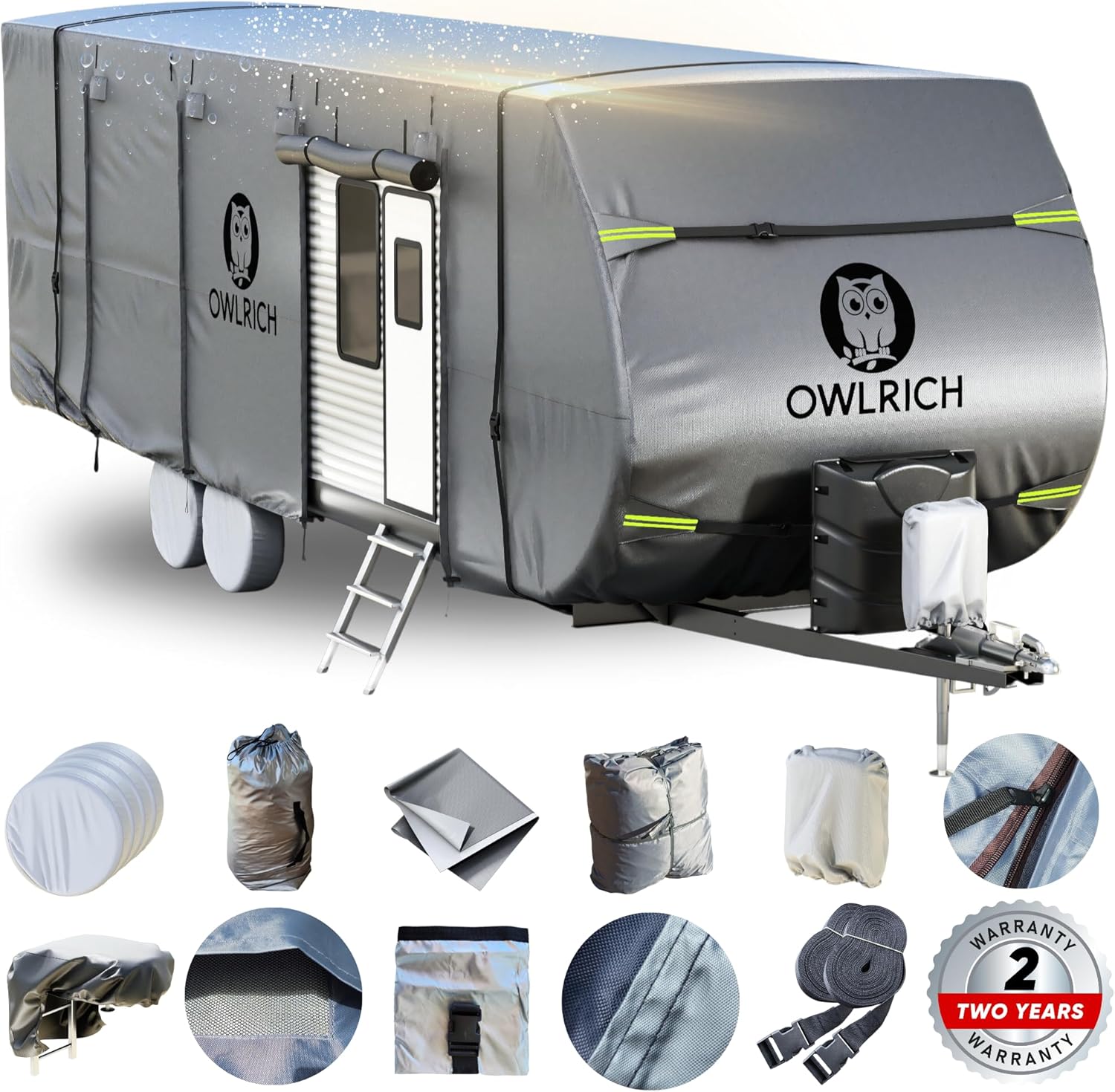 600D Polyester Roof-Top Travel Trailer RV Cover. 33’-37’ Weather Resistant, Tearproof Anti-UV Breathable Camper Cover. Easy to Install and Pack, with a Rich Accessories List, Enjoy!