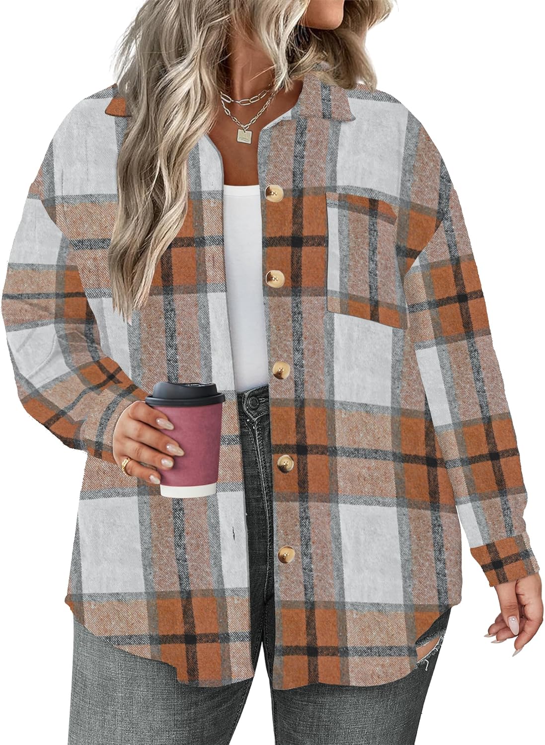 Plus Size Plaid Shacket Jacket for Women Long Sleeve Button Down Blouses Flannel Shirts Casual Coats XL-5XL
