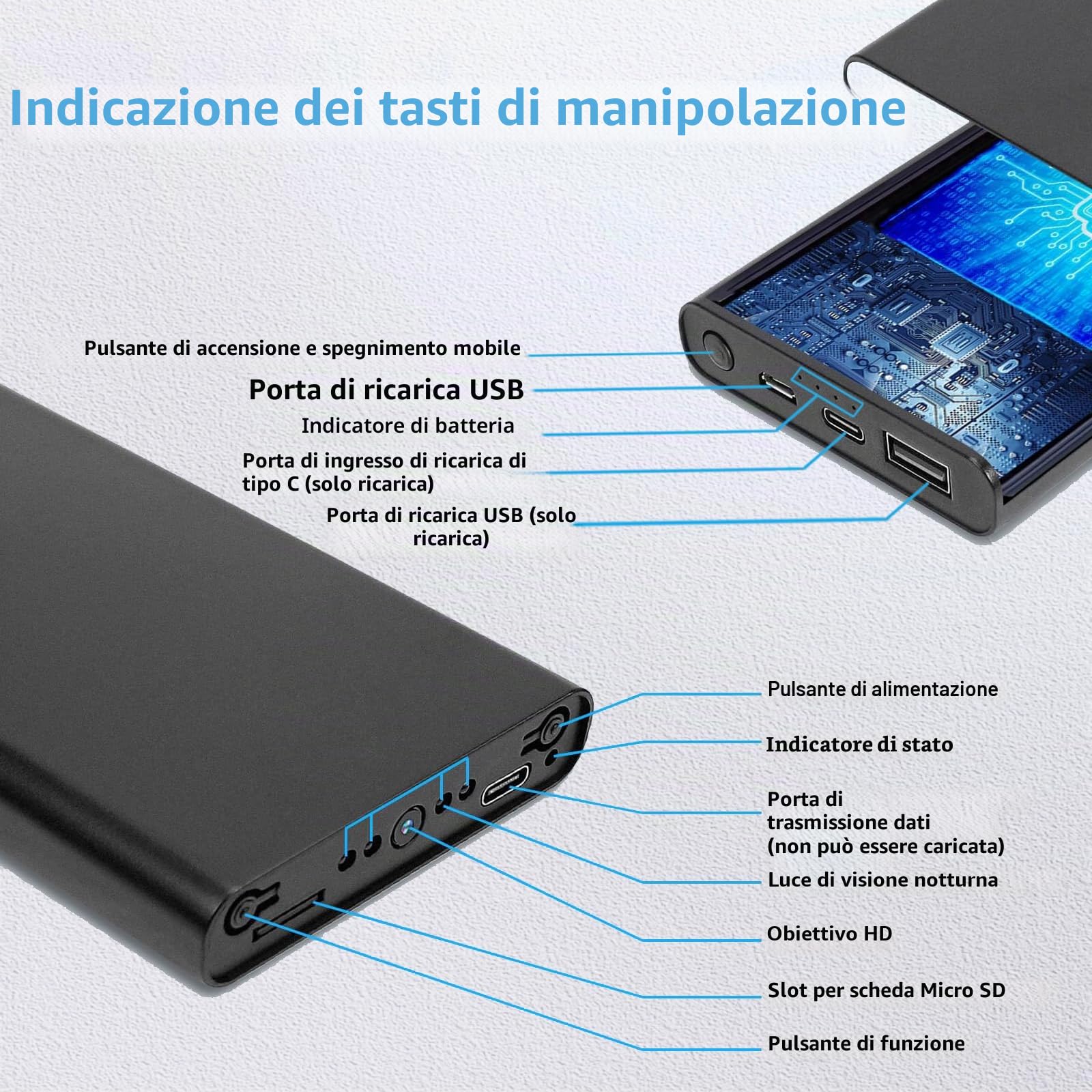 Telecamere mini portatili in HD,Telecamere spia,telecamere di sorveglianza nascoste,rilevamento di movimento,batteria integrata da 10.000 mAh,funzionamento continuo per 55 ore, non supportano il Wi-Fi