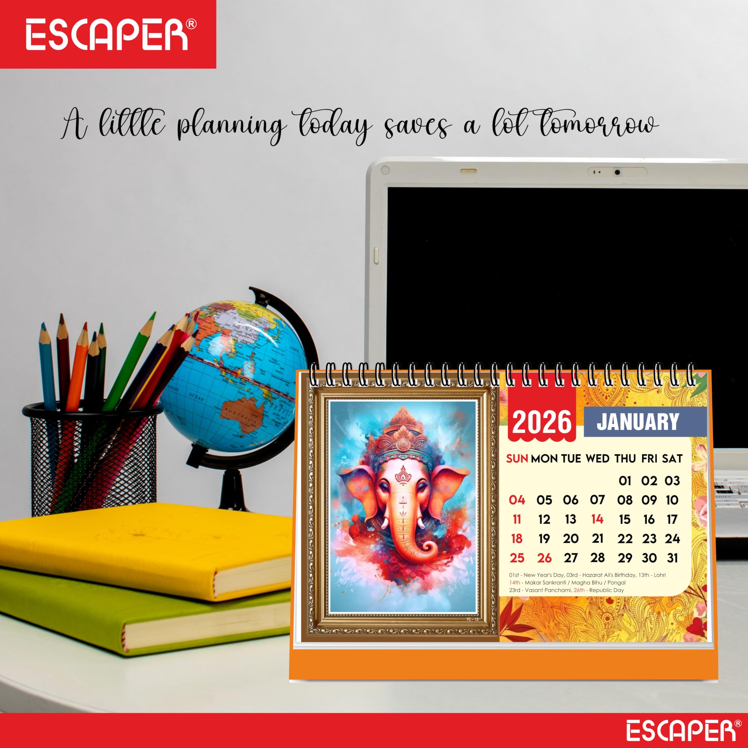ESCAPER Lord Ganesha Stehender Flip-Desktop-Kalender 2024, 12 Monatsseiten mit dickem Papier, Doppeldrahtbindung, Tischkalender 2024 (A5, 21,6 x 14,0 cm)