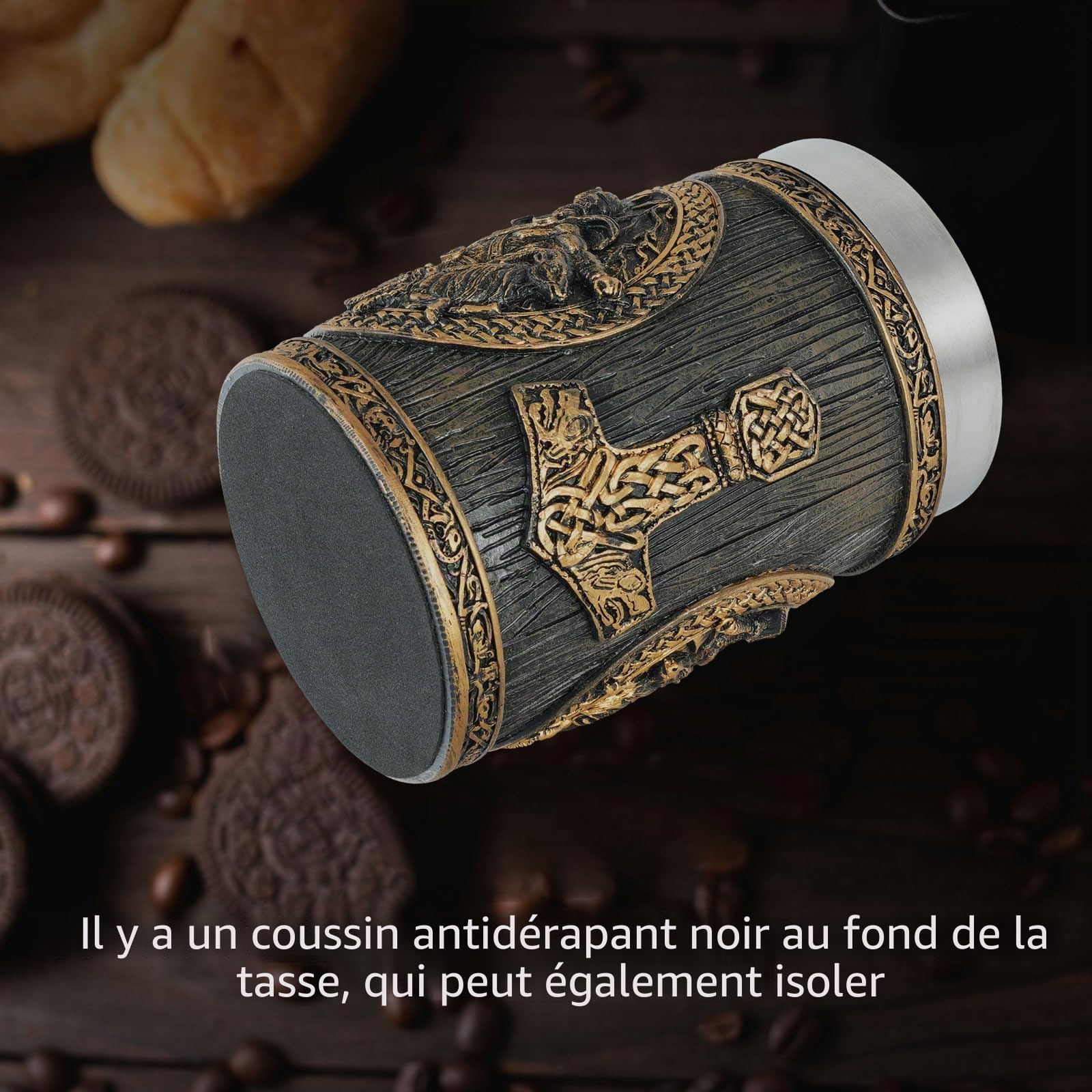AtSKnSK Chope à bière viking en acier inoxydable avec une anse mythologie nordique marteau de Thor arbre de vie café chope à bière valhalla cadeau viking pour hommes et femmes (marteau de Thor)