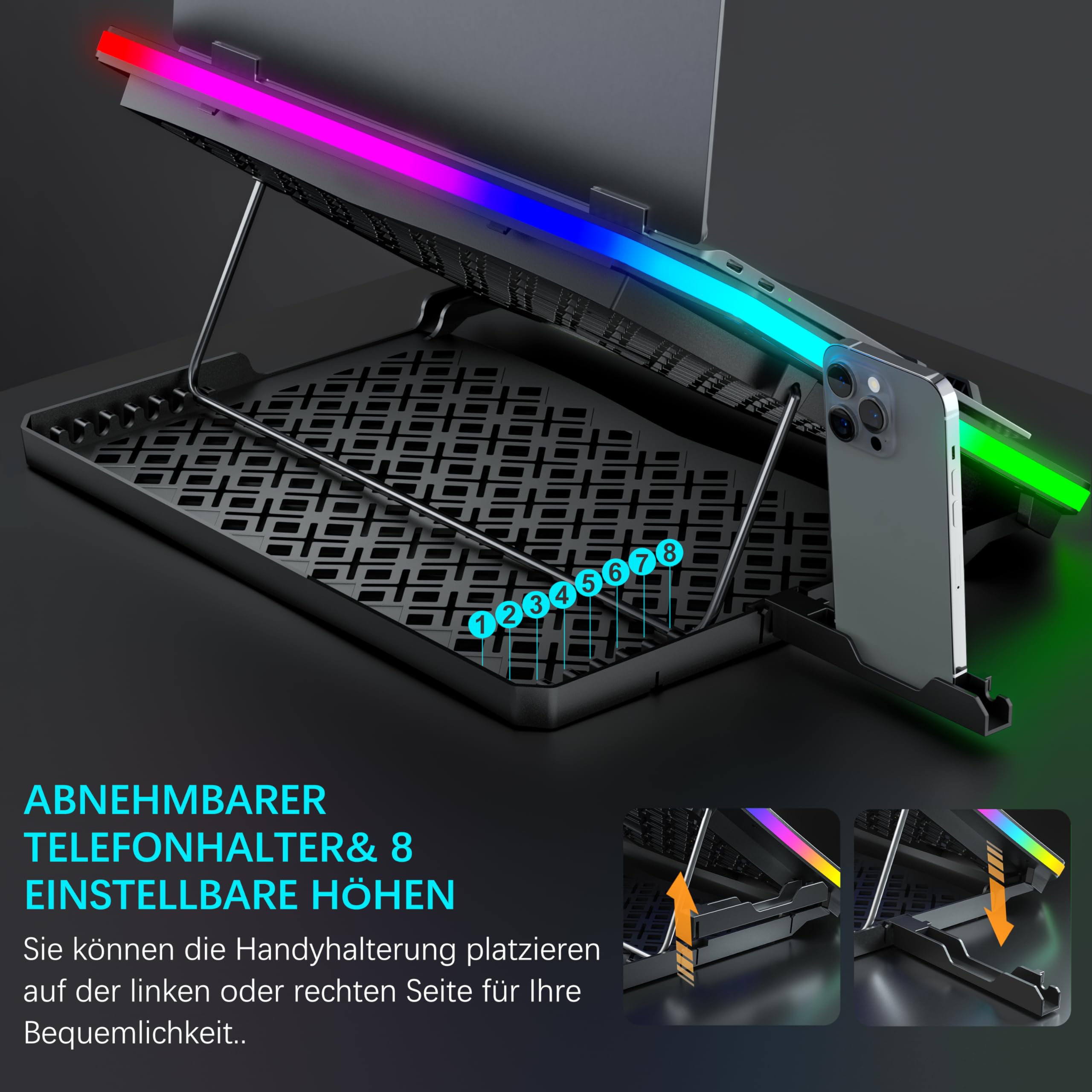 Laptop Kühler RGB Gaming Notebook Kühlpads für Schreibtisch und Schoß, MOOJAY Laptop Lüfter Ständer 8 Höhenverstellbar mit 8 Leisen Lüfter+Handyständer, für 15,6-17,3 Zoll Laptop - Blau LED Licht