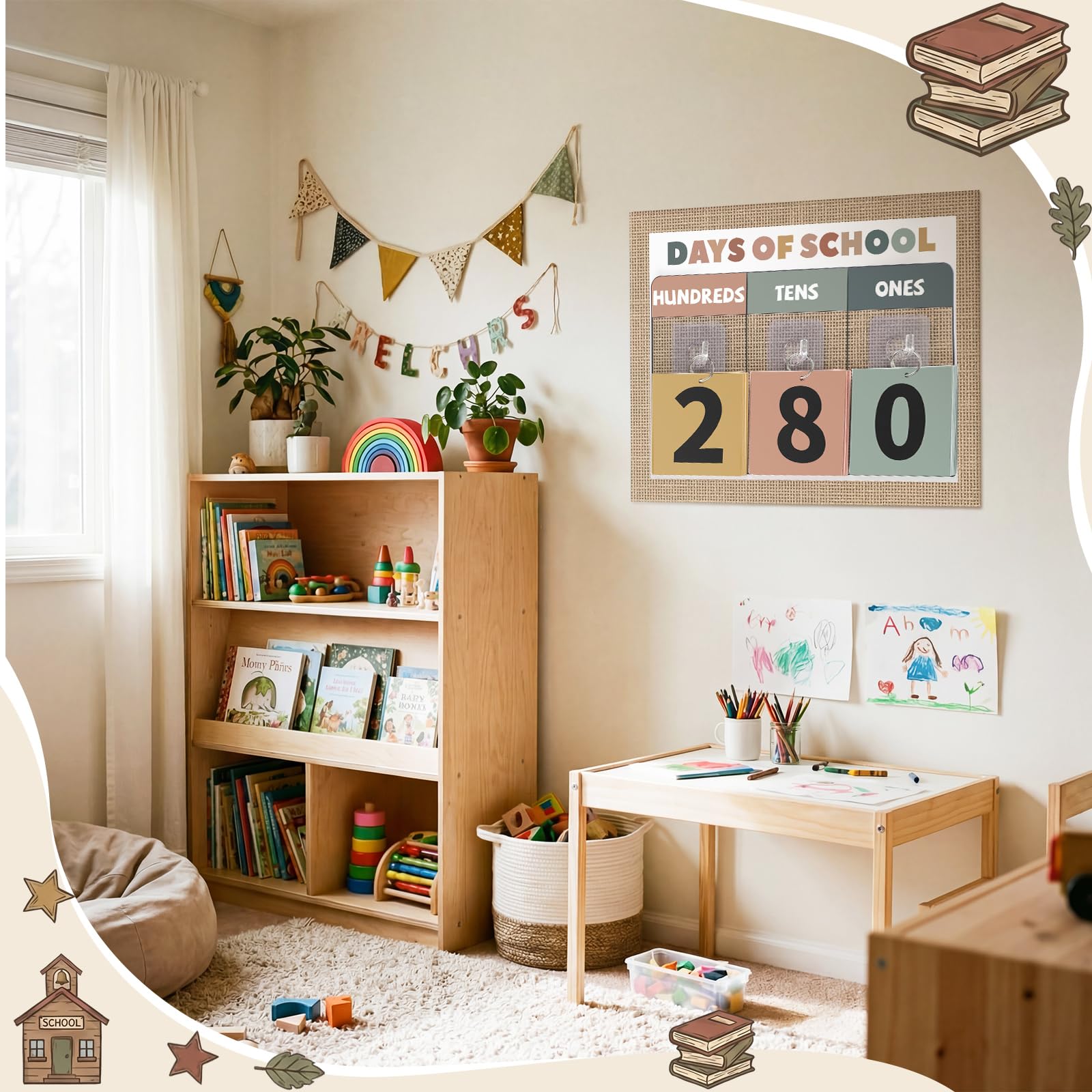Glenmal Decorazioni moderne per bacheca in lino bohémien, per il rientro a scuola, giorni di scuola, poster per calendario in classe, bacheca, decorazione da parete per asilo in età prescolare