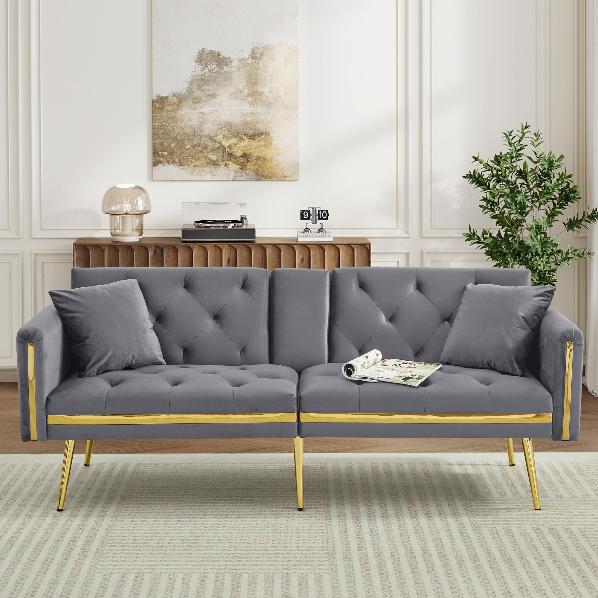 ModernLuxe 2 Seater Sofa Velvet, Convertible Sofa Bed with Adjustable Backrest, Small Double Sofa Bed with Cup Holders & Gold Metal Legs, Space Saving Couch for Living Room Bedroom