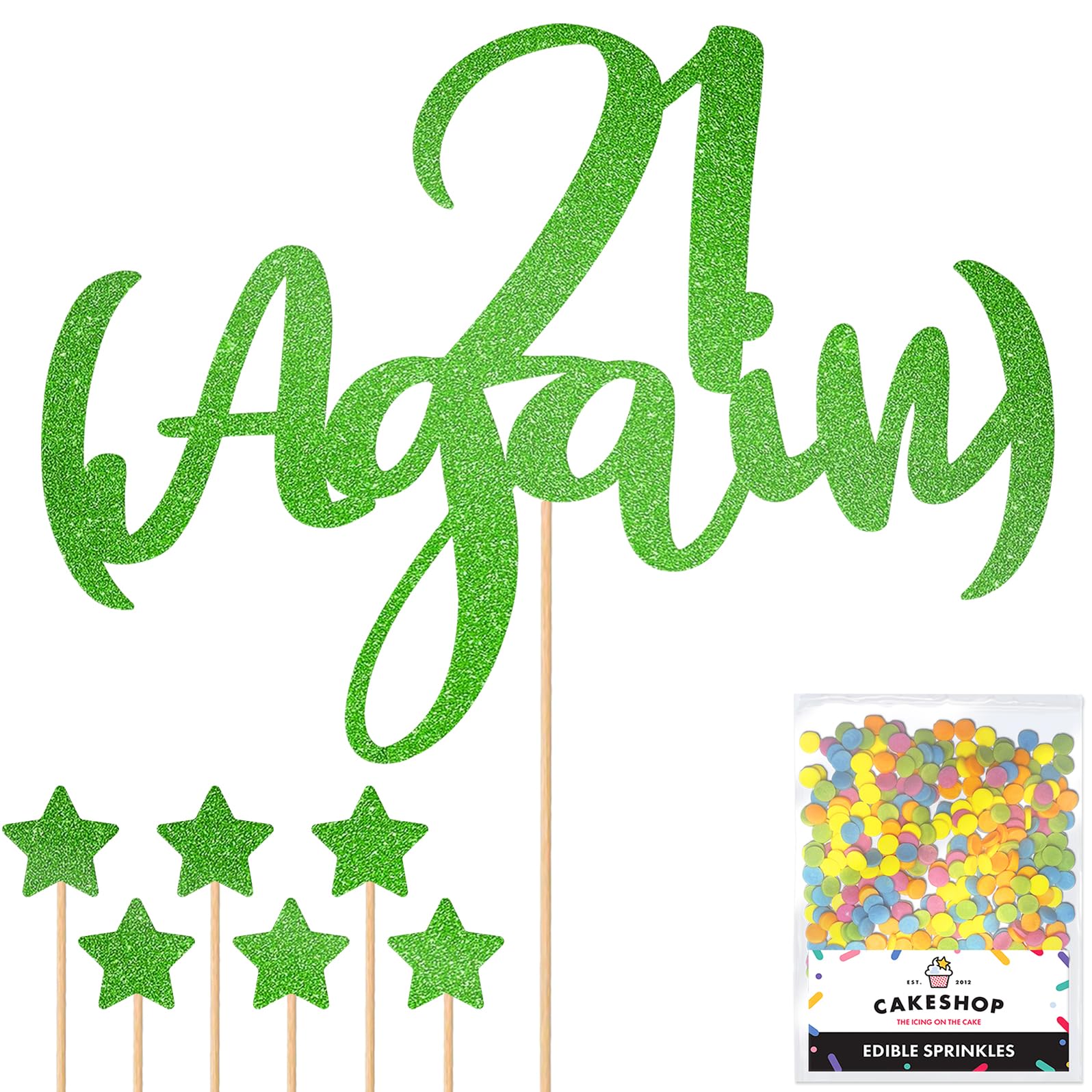 Personalised Funny Old Joke 21 Again Glitter Cake Topper - Green Any Age Glitter Cake Decoration and Sprinkles - Happy Birthday Decorations - Personalised Toppers for Cakes by Cakeshop โ image 1