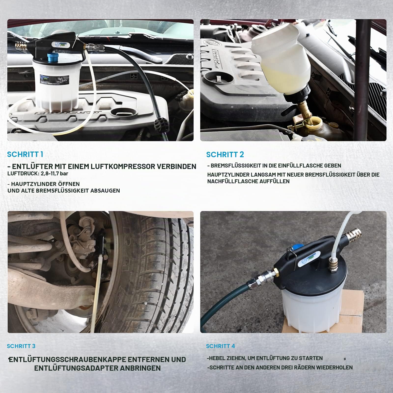 Bremsenentlüftungsgerät Druckluft, 2L BremmsflüßIgkeit Entlüftungsgerät mit 1L Nachfüllflasche, Bremsenentlüfter für Die Meisten Standard- und Abs-Bremssysteme von Kfz, Lastwagen und Motorrad