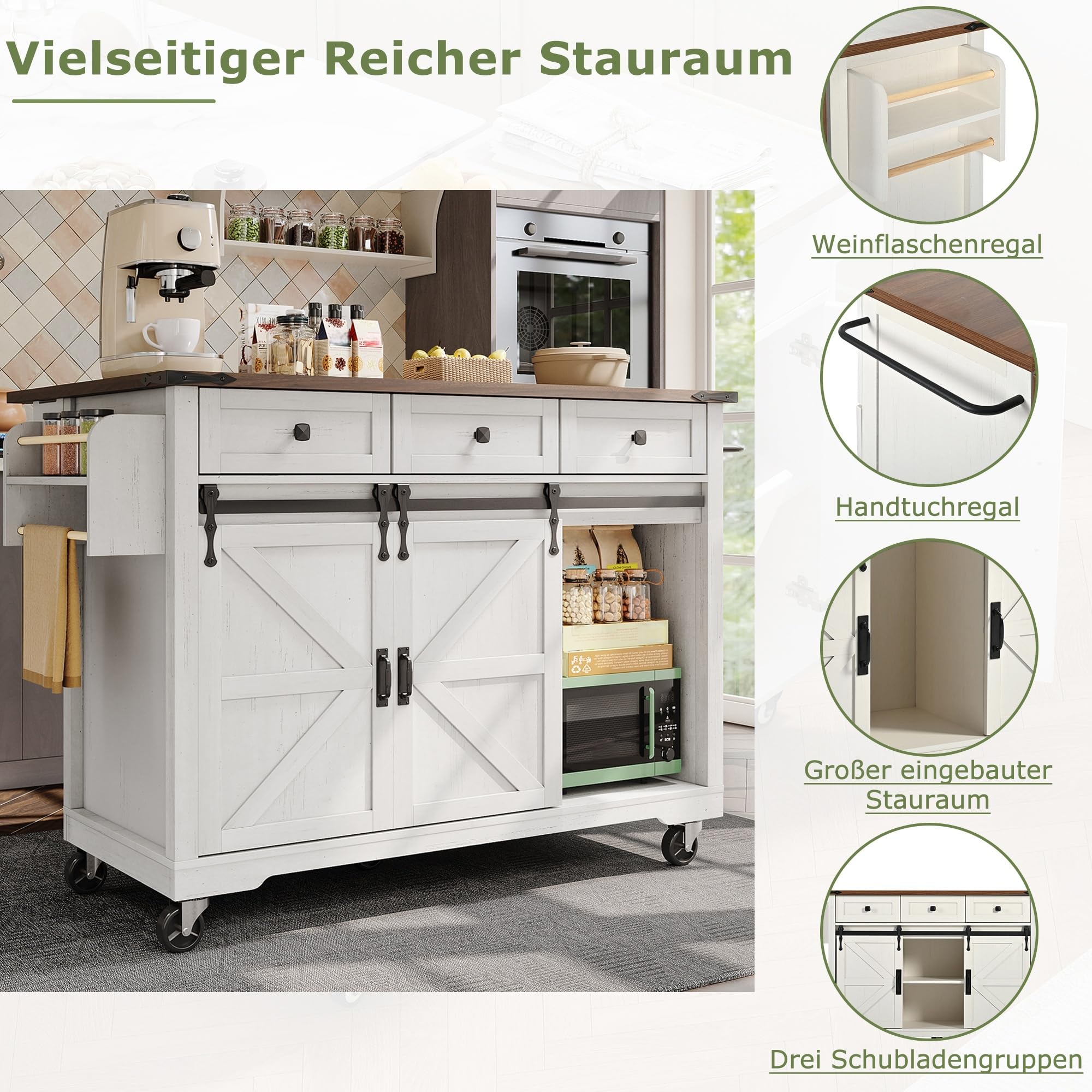 Rtopsu Bewegliche Kücheninsel Küchenwagen, Küchenrollwagen Rollwagen mit Schubladen und Handtuchhalter, Servierwagen aus Holz mit Arbeitsplatte und Rollen für Küche, Beige, 140x94x73 cm