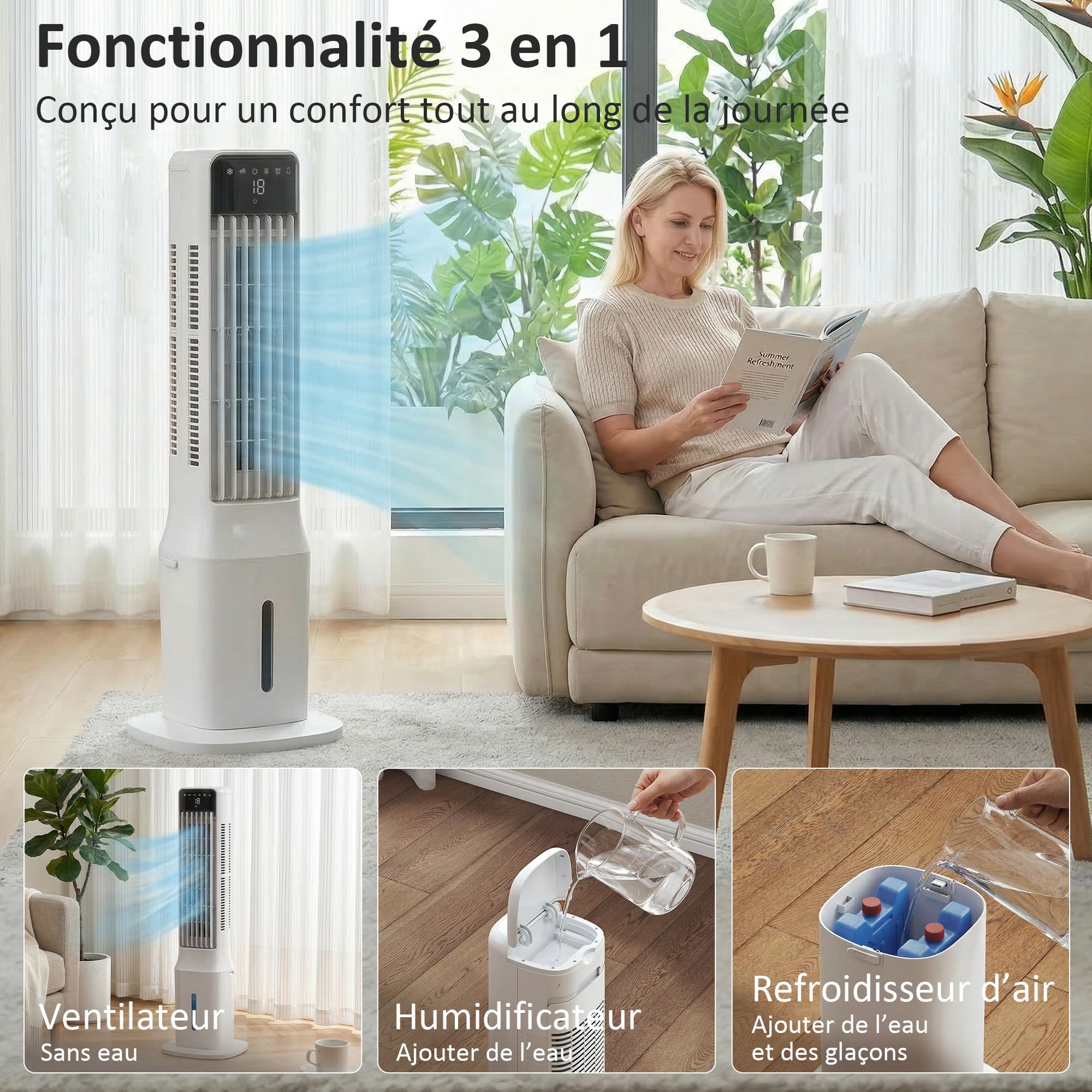 HOMCOM Refroidisseur d'Air Portable 3-en-1 Réservoir d'eau 9 Litres Blanc | Oscillation à 48°, 3 Vitesses, 3 Modes, 4 Packs de Glace, Télécommande, pour Maison, Bureau, Chambre