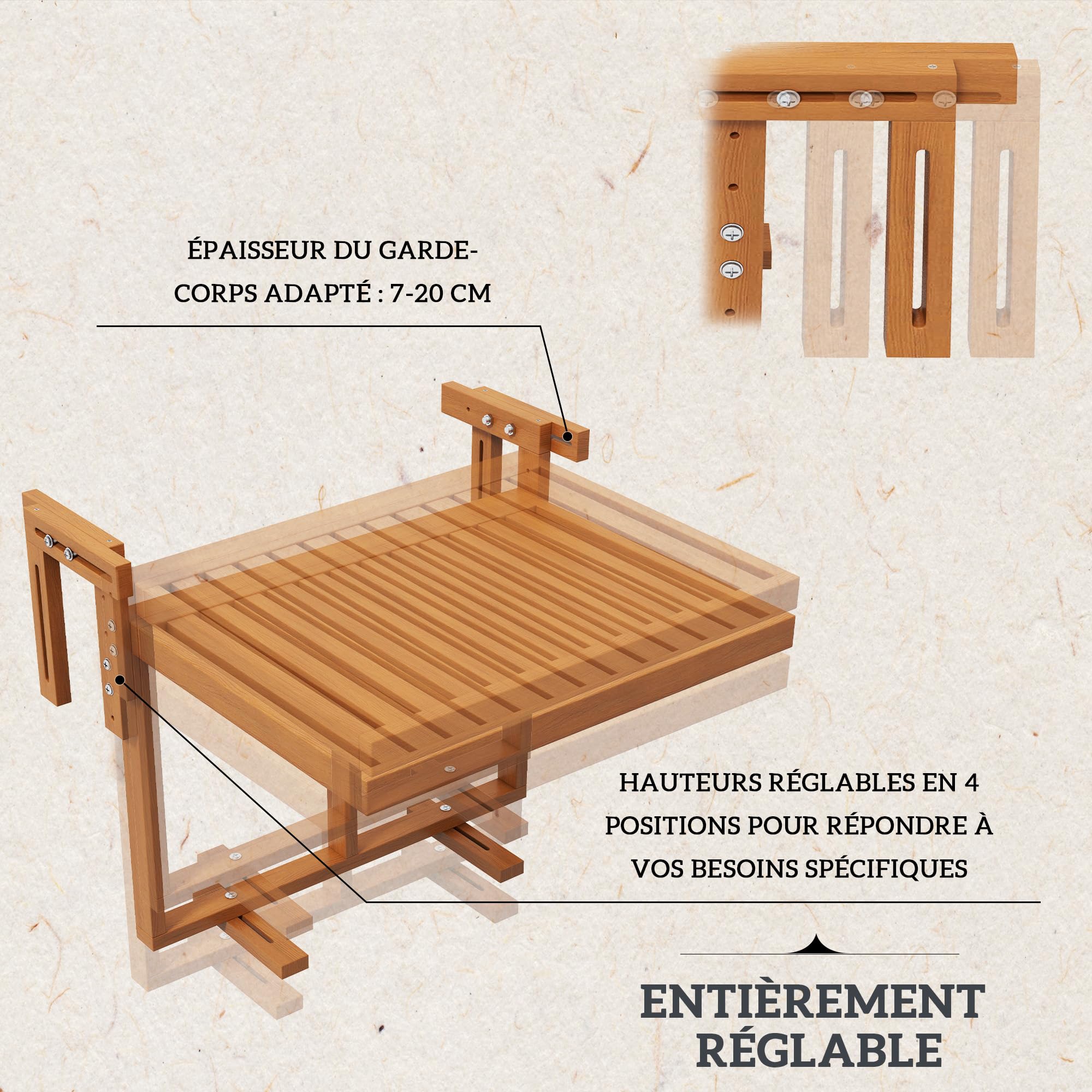 Outsunny Table de Balcon Suspendue Pliable Bois Plateau rectangulaire Hauteur réglable 68x65x40,5-55 cm Naturel