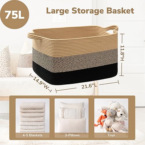 Vista 47 de Goodpick Cesta grande de almacenamiento de juguetes, cestas de cuerda de algodón gris para bebés, niños, cesta de almacenamiento tejida con asa