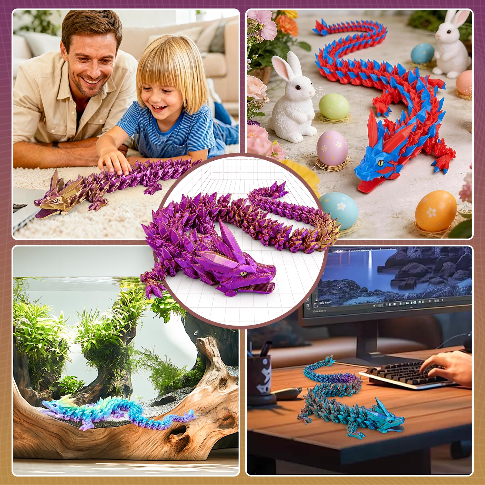 Merrwon Drago stampato 3D, giocattolo con drago da 60 cm, con