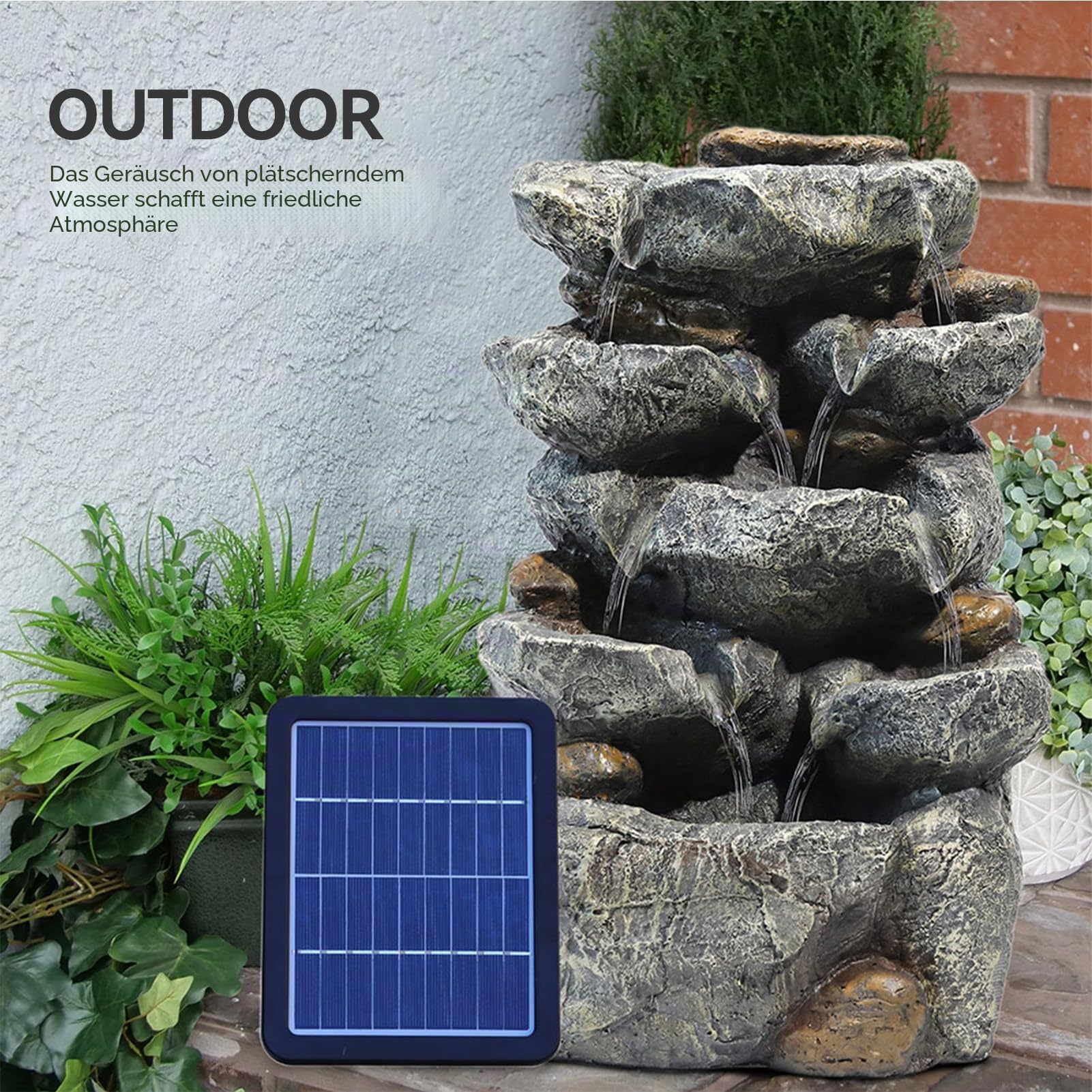 Warmiehomy Solar Springbrunnen Kaskaden-Zimmerbrunnen Wasserfall mit LED-Licht, Solarbrunnen für Draussen, Solar Gartenbrunnen für Außen, Wasserspiel für Garten Balkon