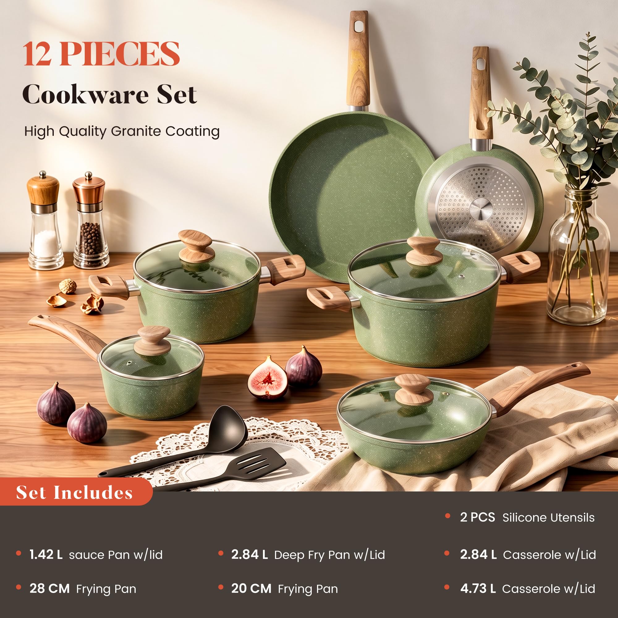 Kitchen Academy Lot Casserole et Poêle Induction 12 Pcs Batterie Cuisine | Antiadhésive en Granite Batterie de Cuisine Tout Feux, 100% Sain et Sans PFOA ni PFOS, Facile à Nettoyer