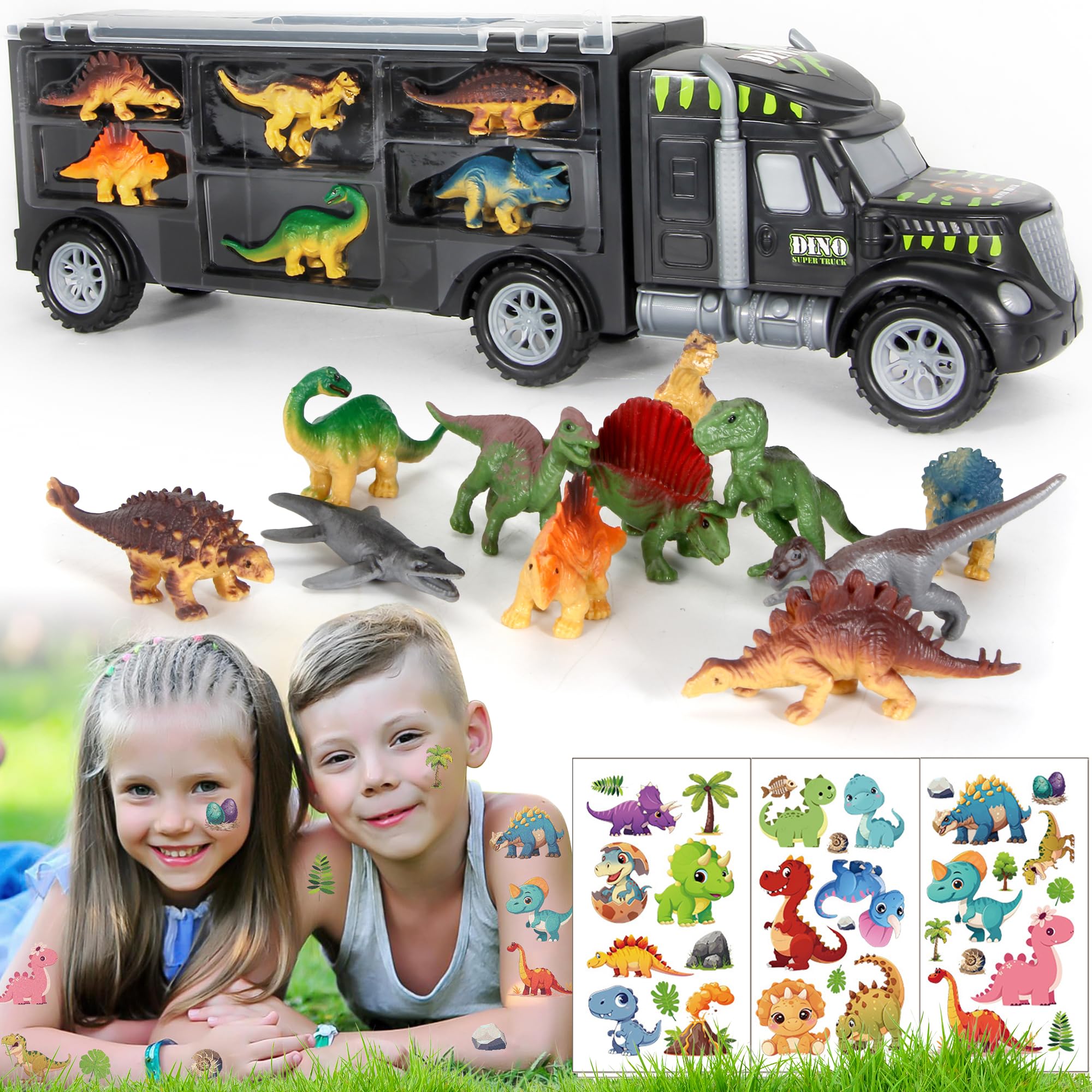 Dinosaur Truck Toy Carrier for Boys & Girls, Includes 12 Dinosaur Toys - Dino Car Transport Truck Playset with Additional 90+ Fun Dinosaurs Characters Tattoo Stickers Toys Aged 3-7