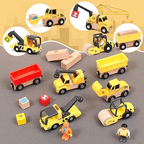 Miniatura 2 de Atoylink 15 piezas de juguetes de construcción de madera para niños con tren magnéticos, grúa pórtico, niveladora, camión, remolque, vehículos de