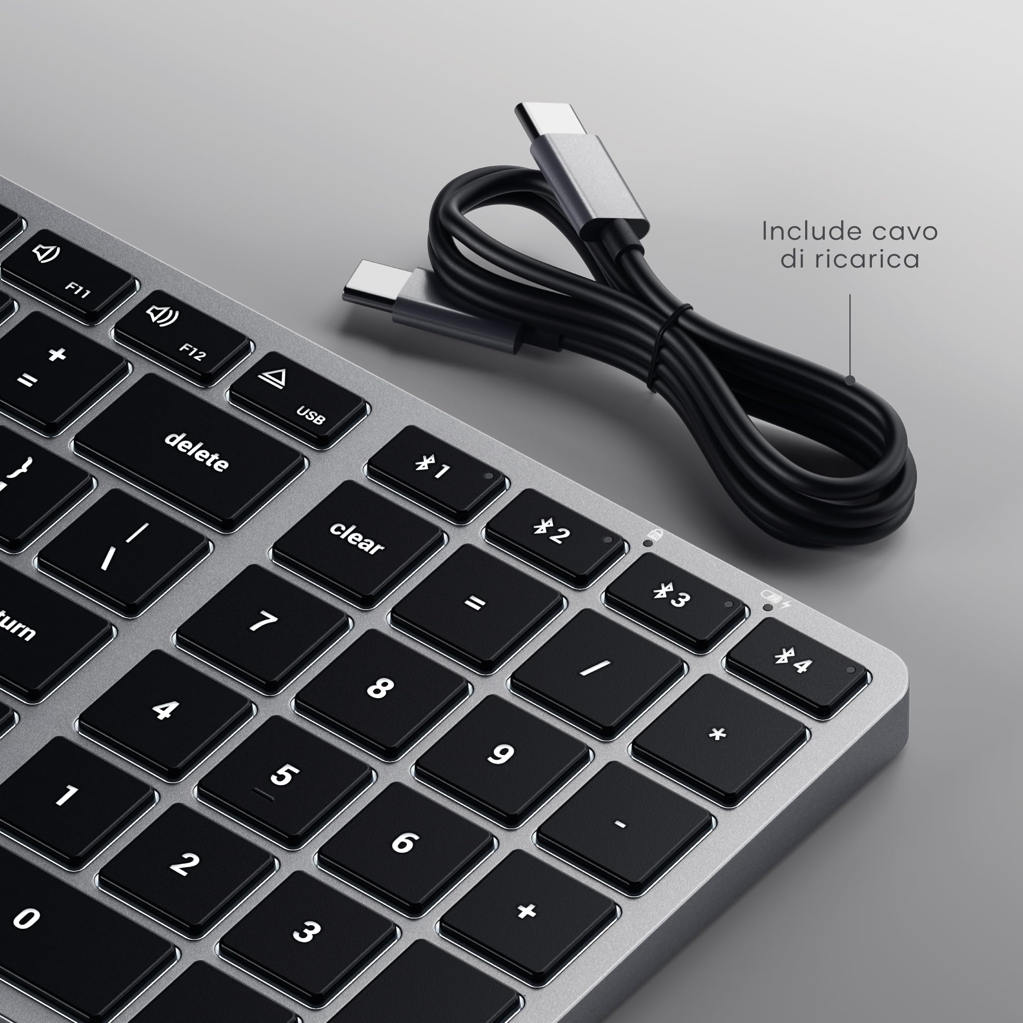 Satechi Tastiera Wireless Slim X2 𝗤𝗪𝗘𝗥𝗧𝗬 𝗨𝗦, Tastiera Bluetooth con Tastierino Numerico, Retroilluminata e Ricaricabile, per Mac, Windows e Android (Grigio, Layout Americano)