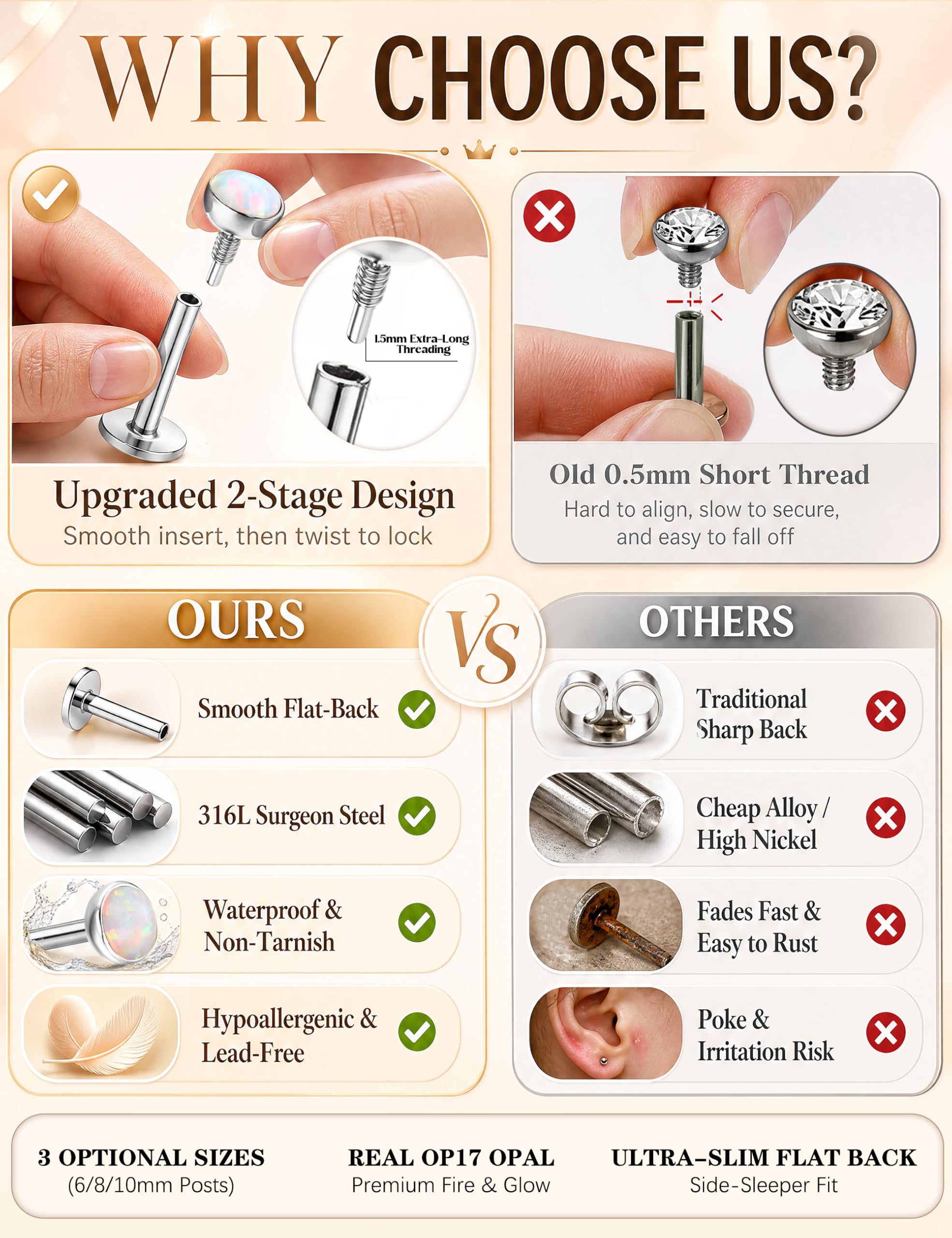 Milacolato 16G/18G Labret Piercing Naso Acciaio Chirurgico Orecchini Piatti Dietro Labbro Helix Piercing Orecchio Trago Cartilagine per Donna Argento Oro 6/8/10MM