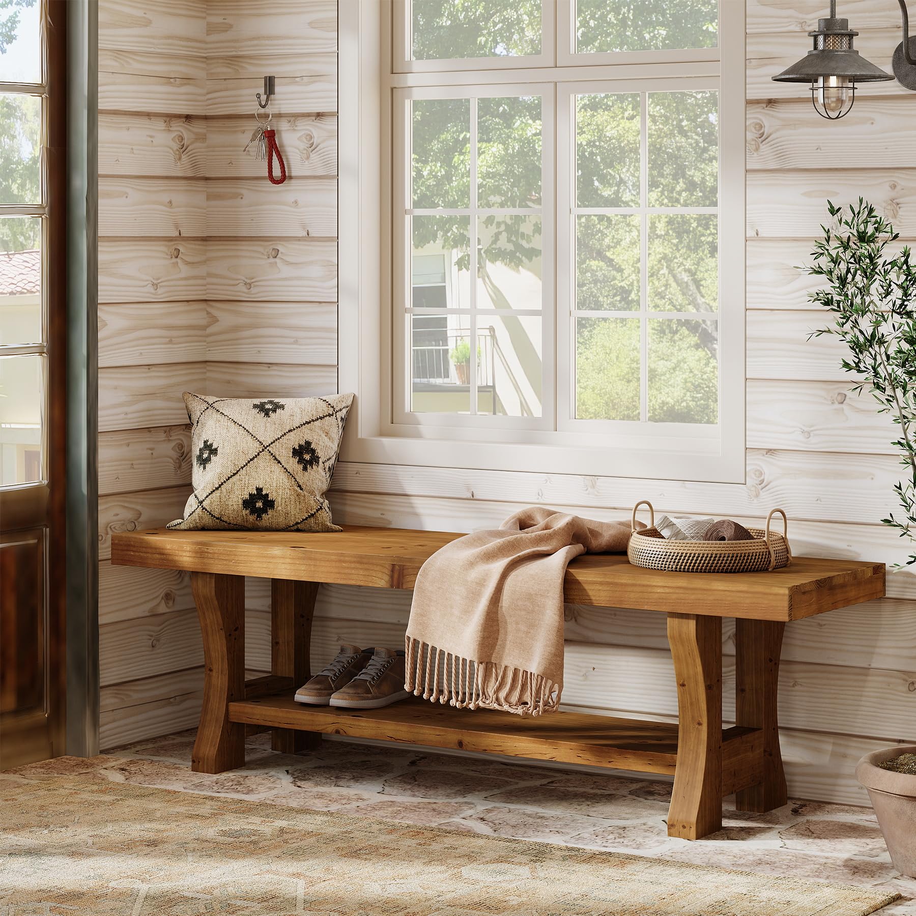 Solid Wood Entryway Bench, 55" End of Bed Bench, Long Indoor Dining Seat for Hallway, Bedroom, Living Room, Dining Room, Easy Assembly, Brown