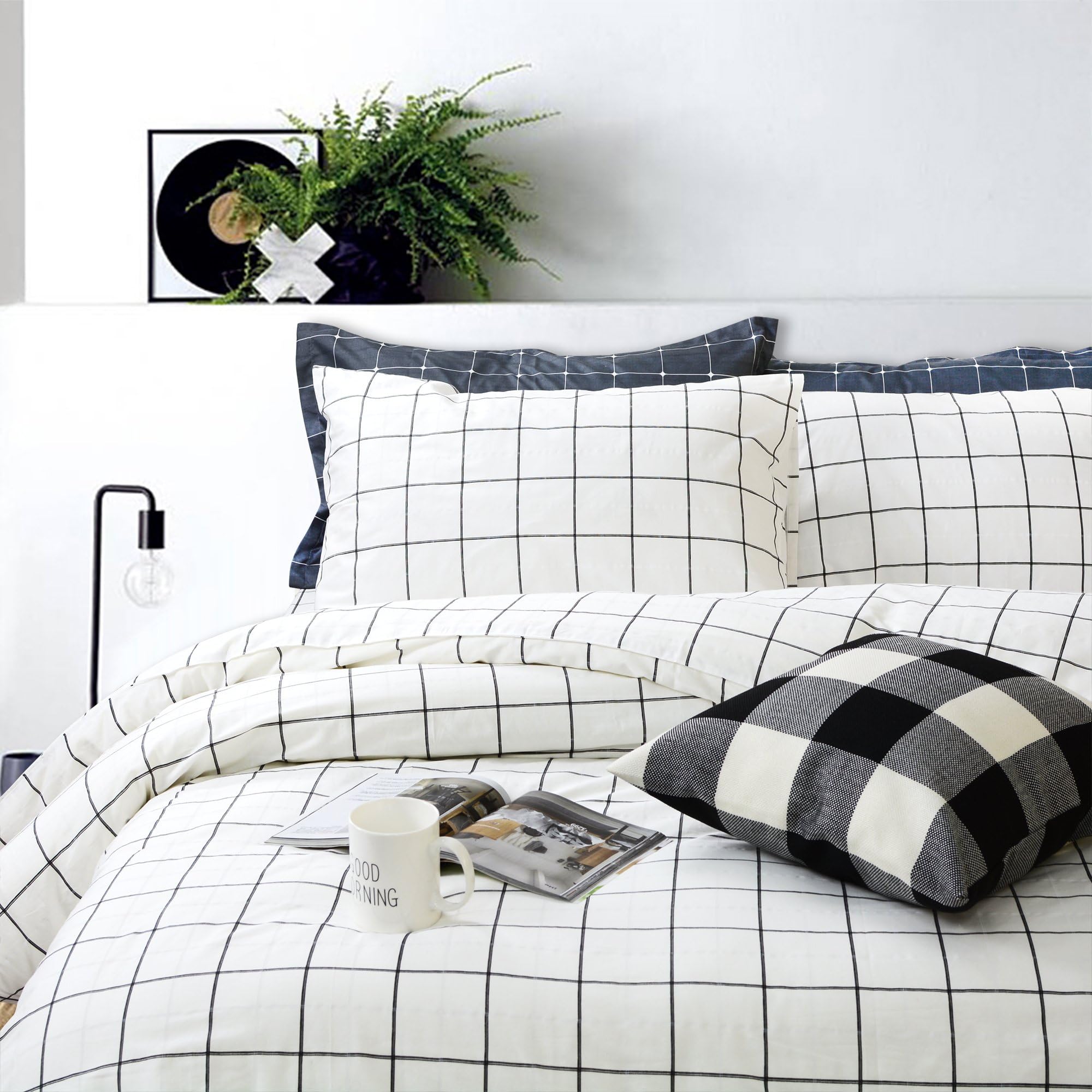 FADFAYBlack and White Grid Duvet Cover Sets Lightweight Cotton Bedding Set Lattice Checkered Reversible White Duvet Cover Bedding Collection 3 Pieces,1duvet Cover & 2pillowcases,Queen Size