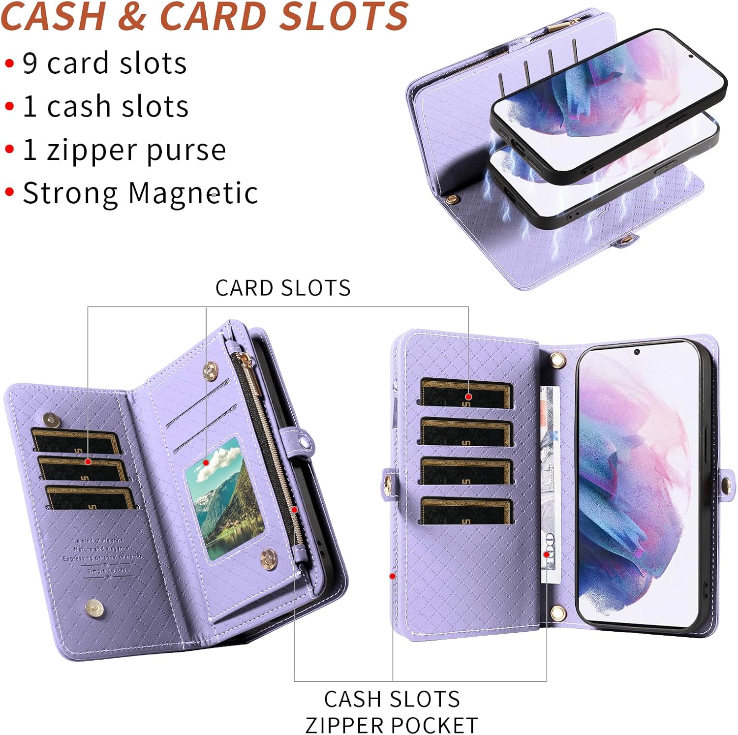 Asuwish Phone Case for Samsung Galaxy S21 Plus S21+ 5G Zipper Wallet Detachable Cell Cover with Tempered Glass Screen Protector Strap Flip Card Holder S21+5G S21plus 21S + S 21 21+ G5 Women Purple