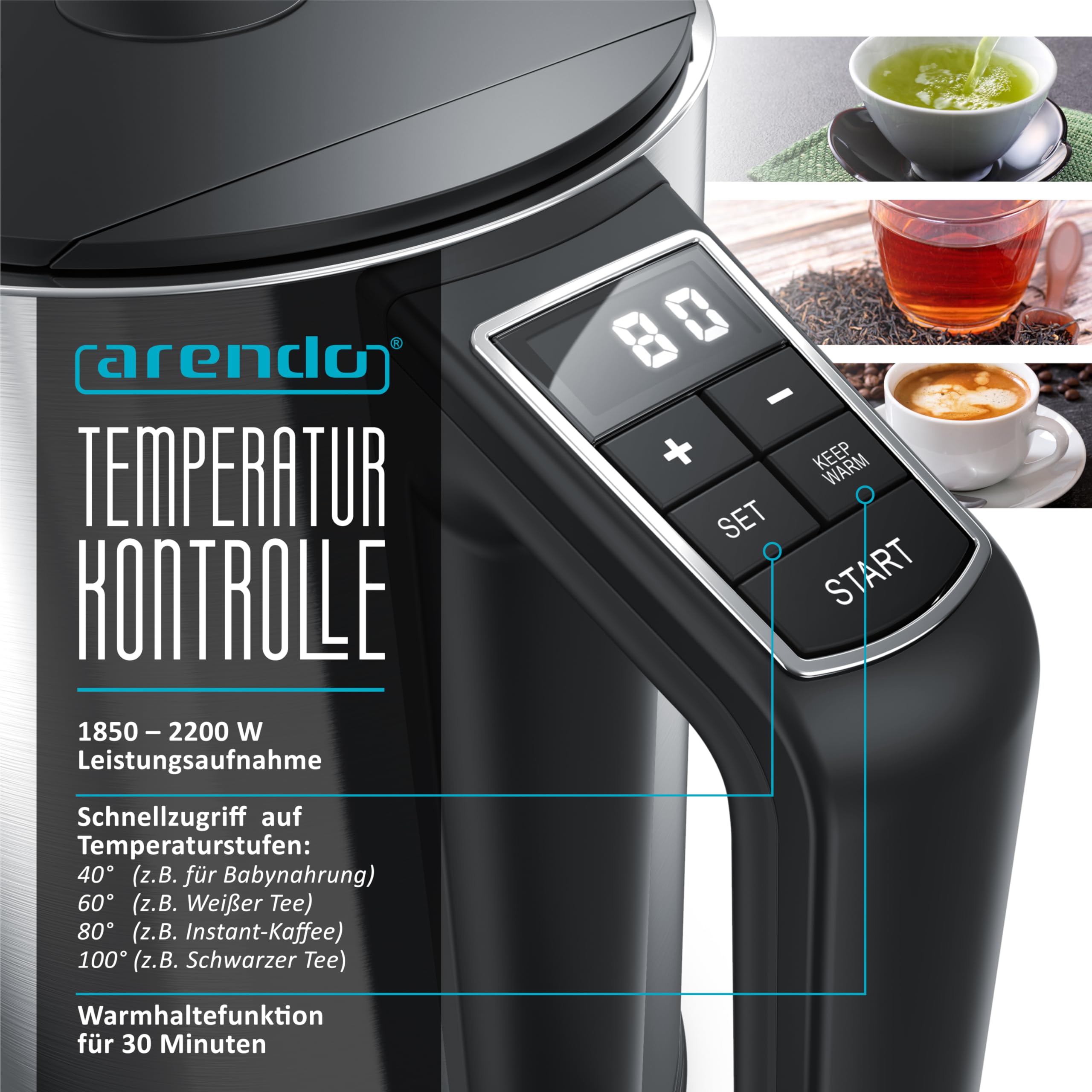 Arendo - Bollitore in acciaio inox con regolazione della temperatura 40-100 gradi in incrementi di 5 - Design a doppia parete - Modello ELEGANT - 1,5 litri - 2200 W - Bollitore con indicatore di