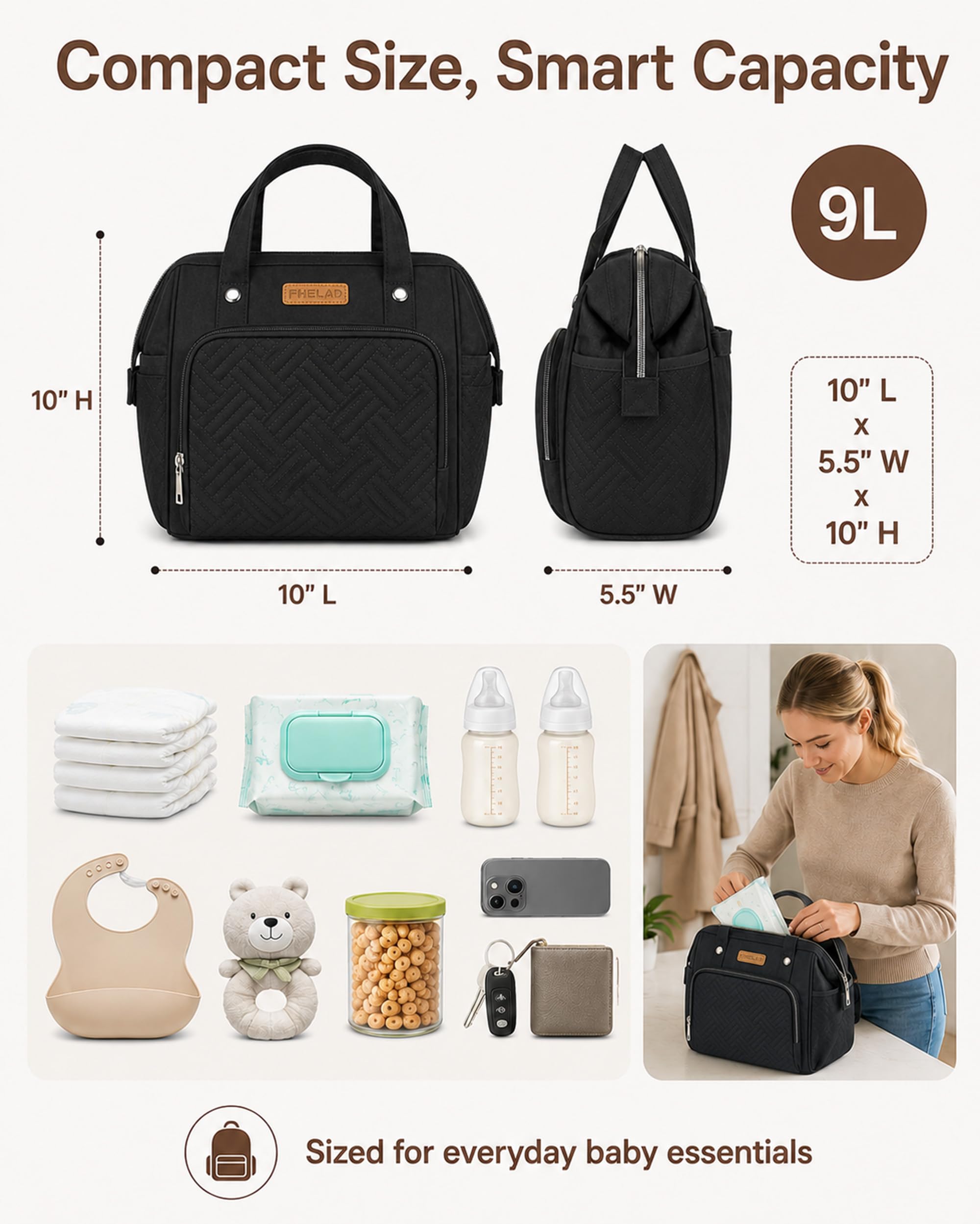 FHELAD Pequeña bolsa de pañales para mujer, mini bolsa de bebé 4 en 1 (negro)