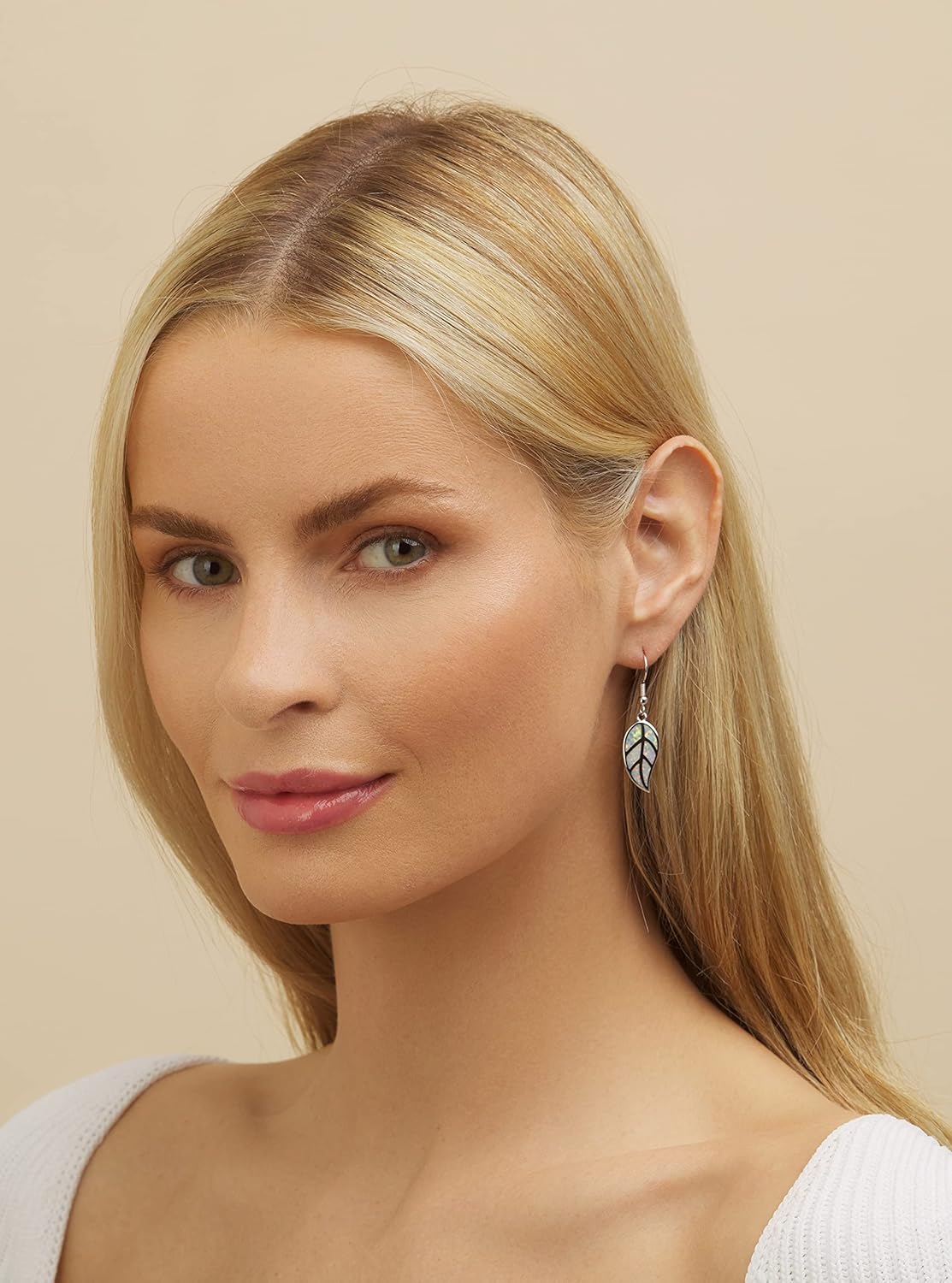 Barzel 18K White Gold/Rose Gold Plated Created White or Green Opal Leaf Drop Dangling Earrings - Image 2