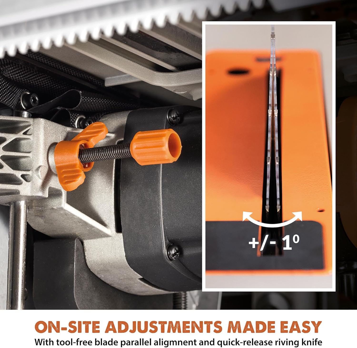 On-site adjustments for blade alignment and riving knife
